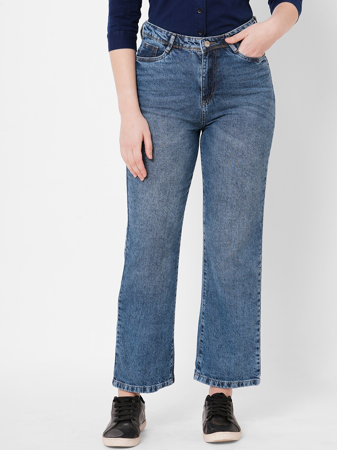 

Kraus Jeans Women Straight Fit High-Rise Heavy Fade Pure Cotton Jeans, Blue