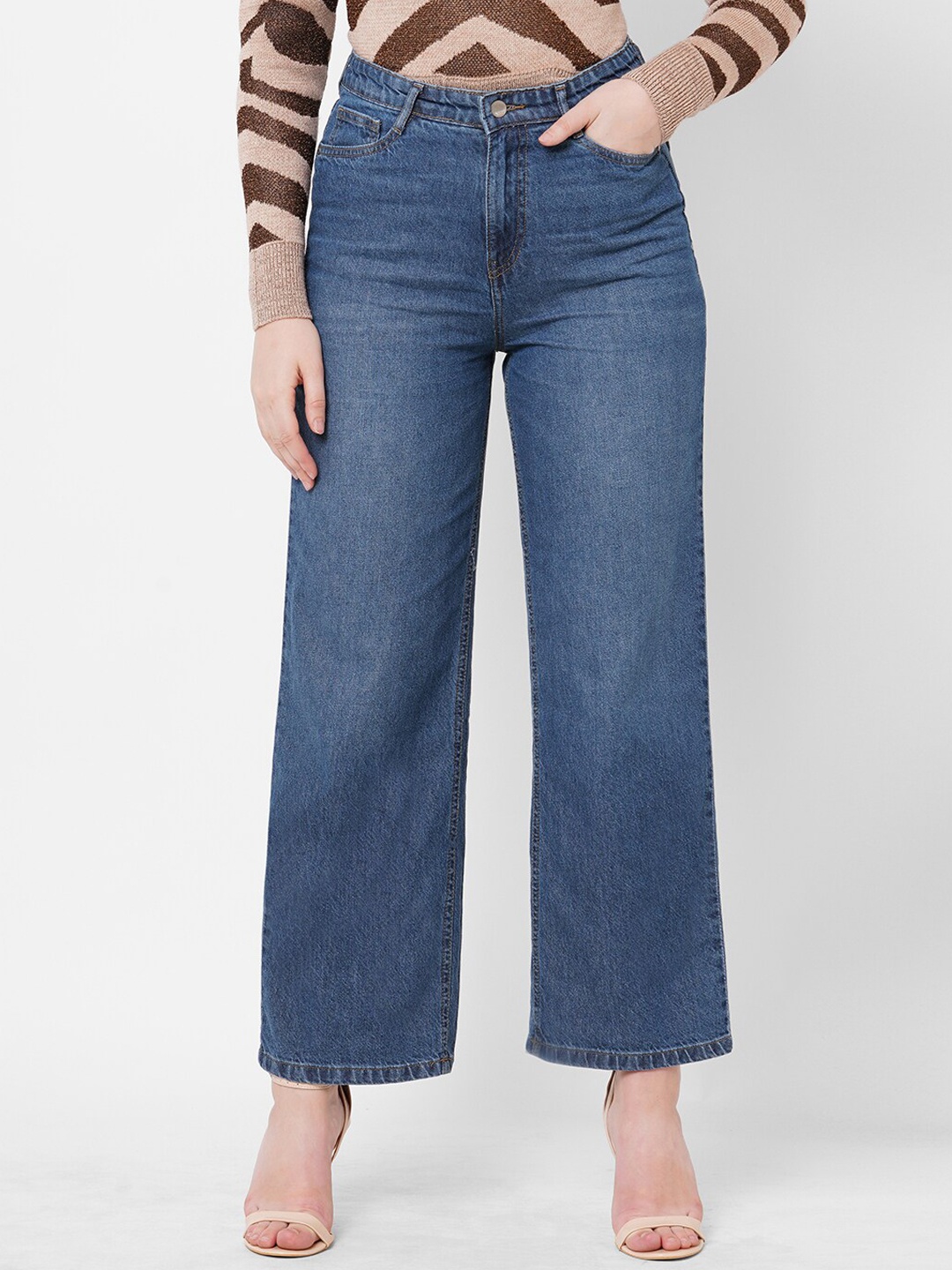 

Kraus Jeans Women Wide Leg High-Rise Light Fade Pure Cotton Jeans, Blue