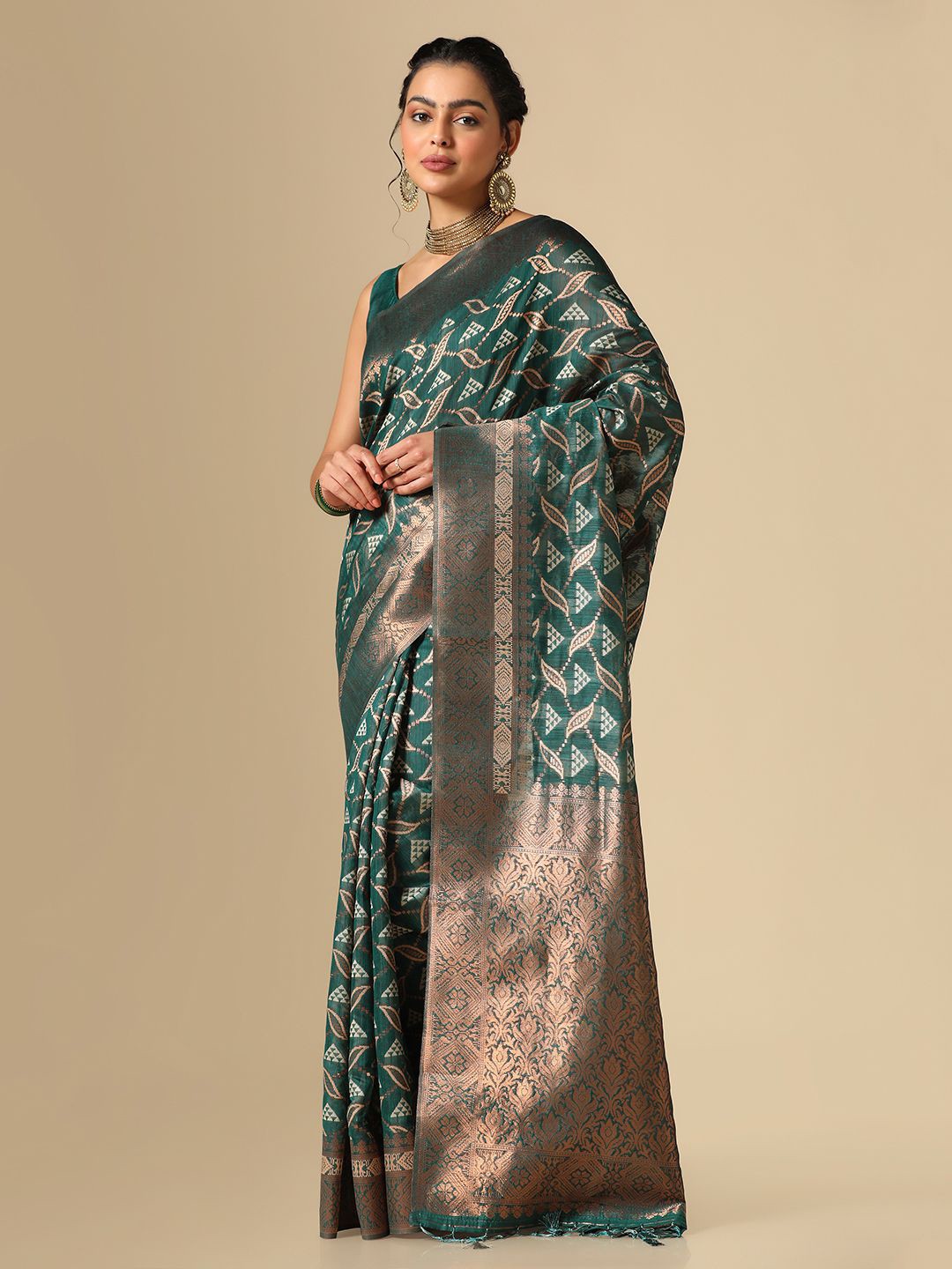 

Satrani Ethnic Motifs Woven Design Zari Banarasi Saree, Green
