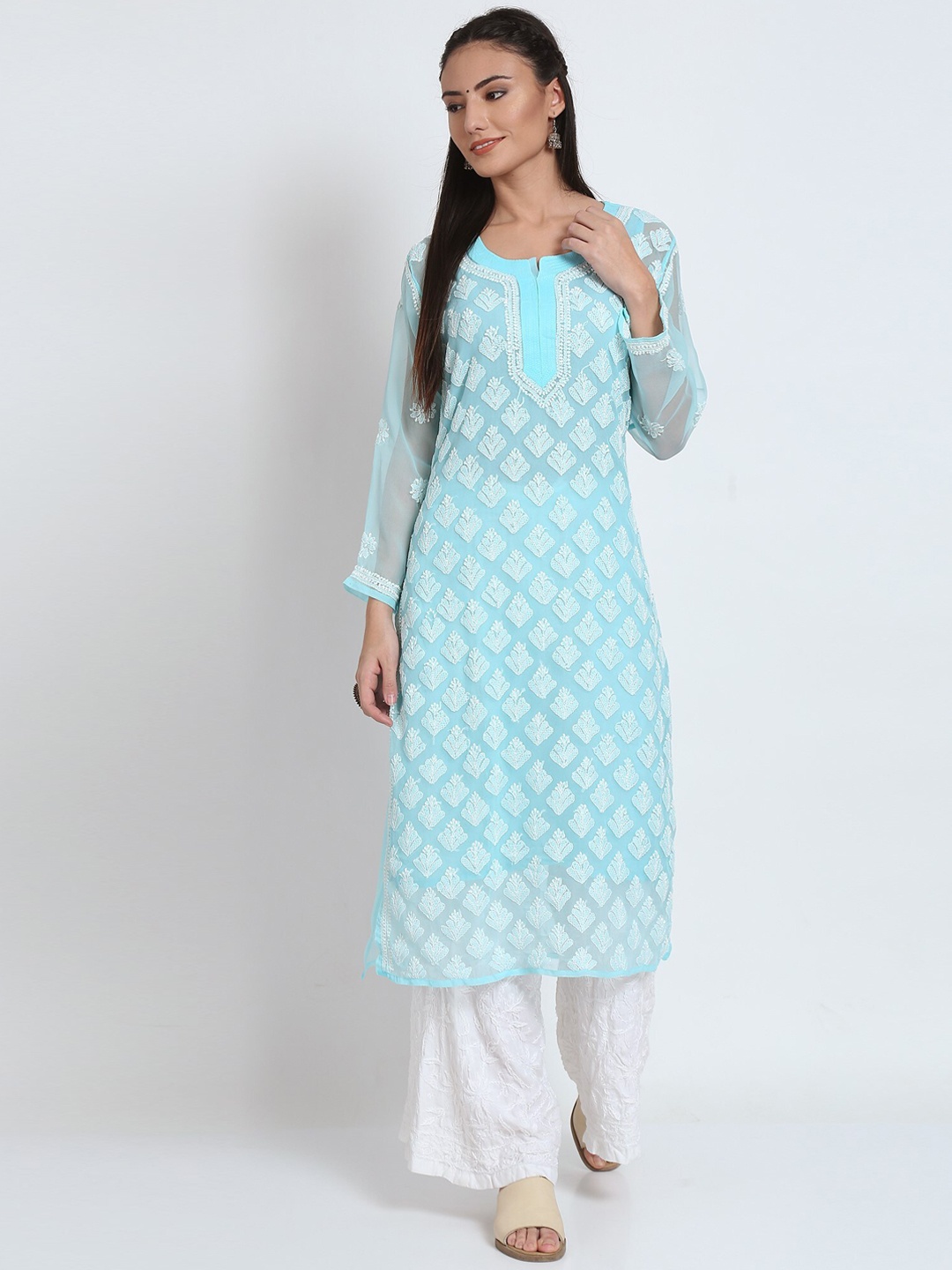 

PARAMOUNT CHIKAN Ethnic Motifs Embroidered Chikankari Georgette Kurta, Blue