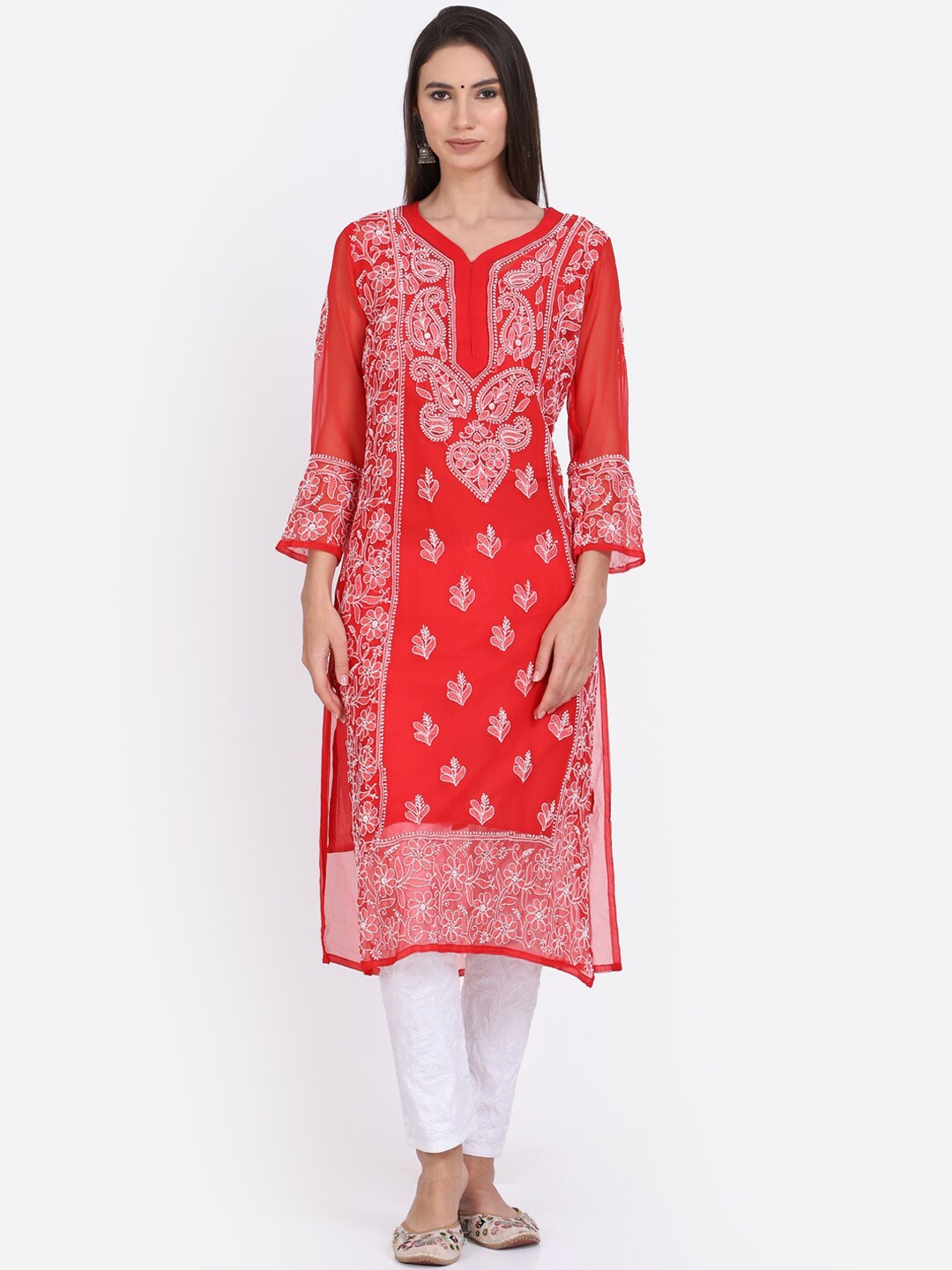 

PARAMOUNT CHIKAN Paisley Embroidered Chikankari Georgette Kurta, Red