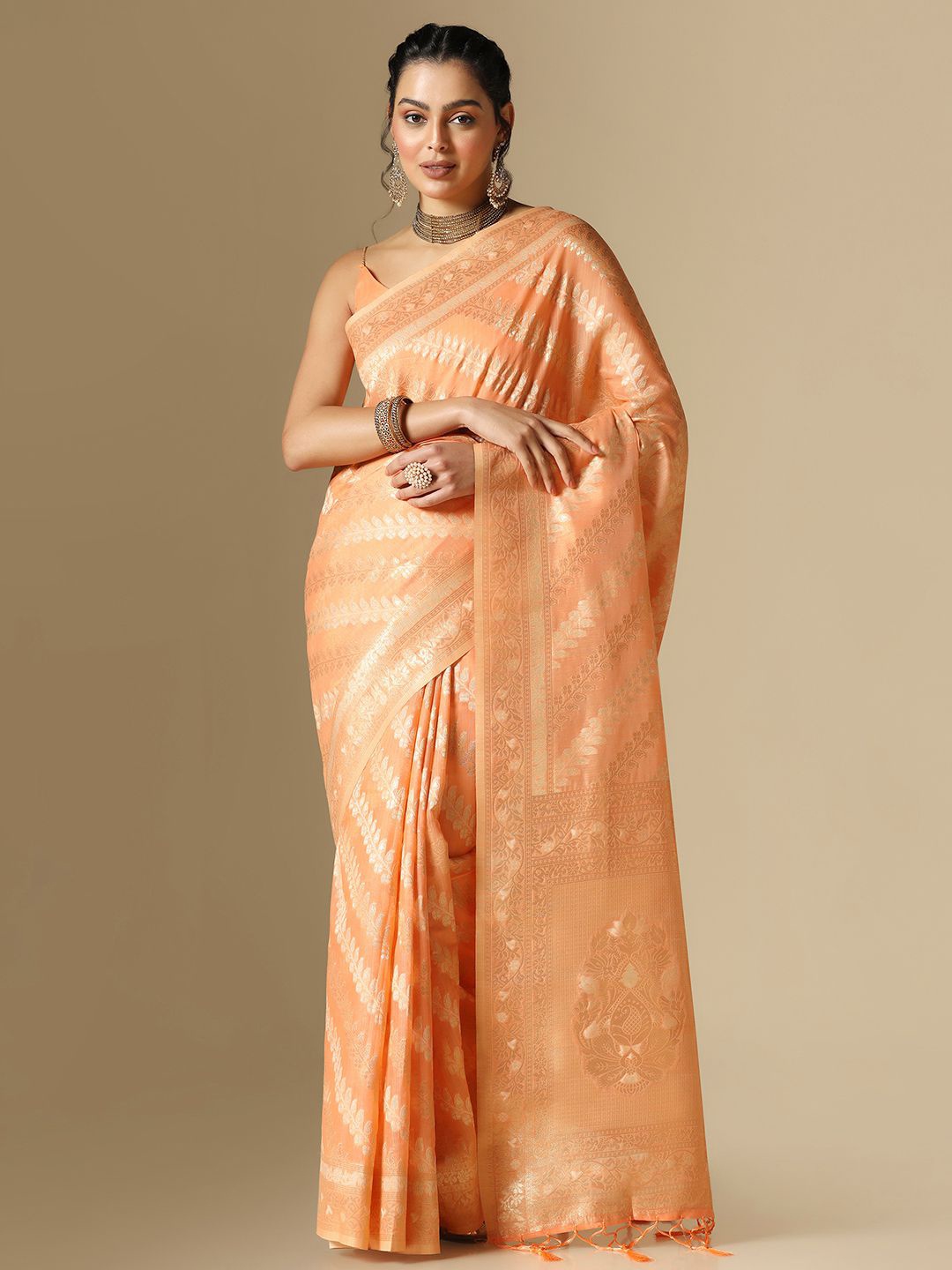 

Mitera Ethnic Motifs Woven Design Zari Banarasi Saree, Orange