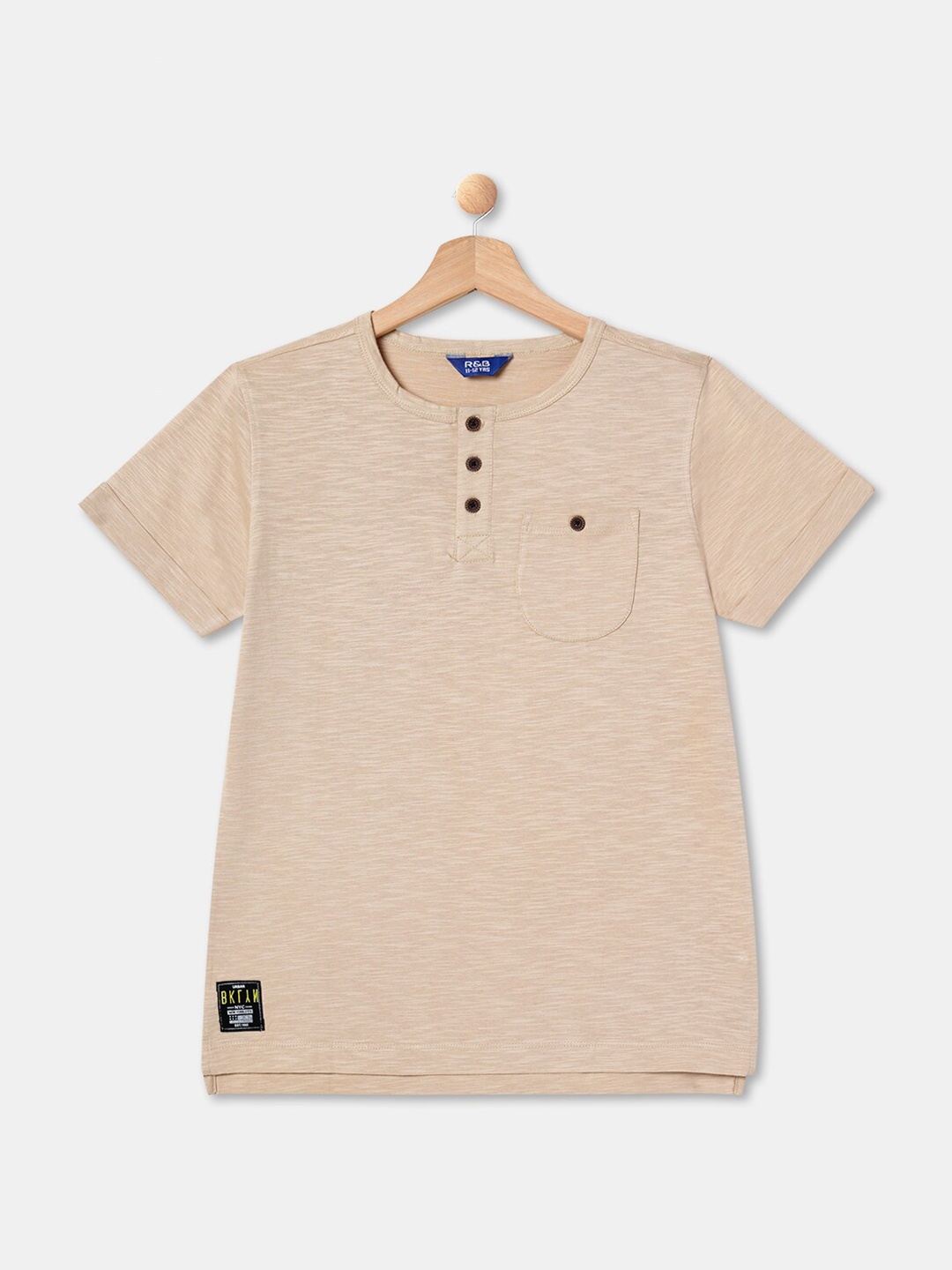 

R&B Boys Henley Neck Cotton T-shirt, Beige