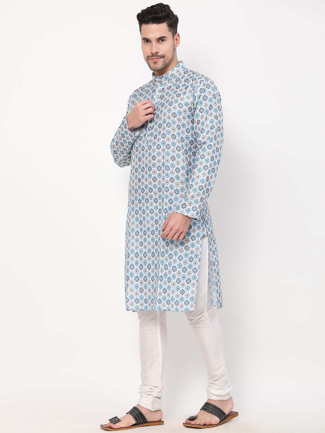 PREMROOP- THE STYLE YOU LOVE Men Blue Floral Printed Thread Work Summer Sheers Kurta