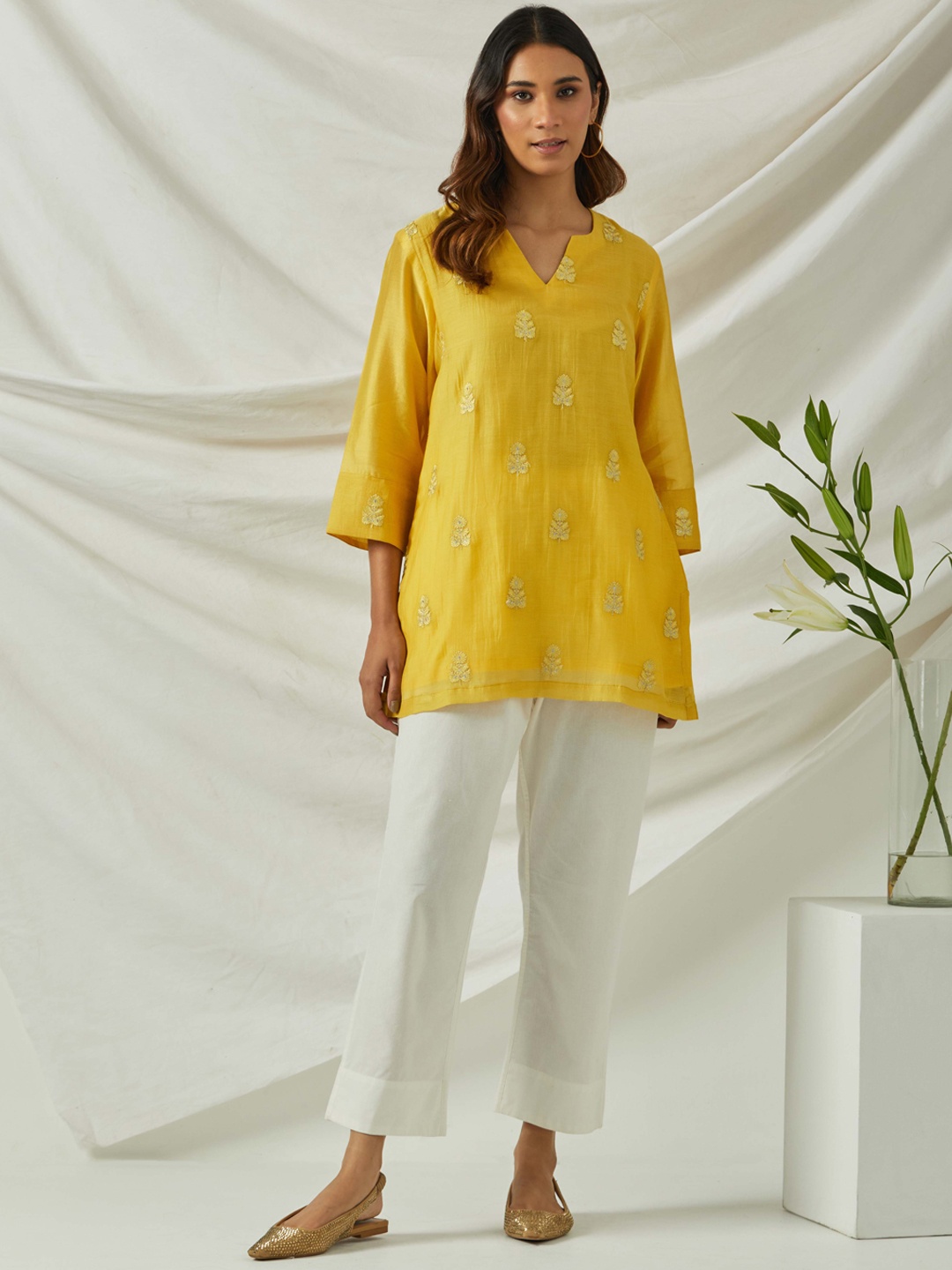 

SMRITI GUPTA Floral Embroidered Chanderi Silk Tunic, Yellow