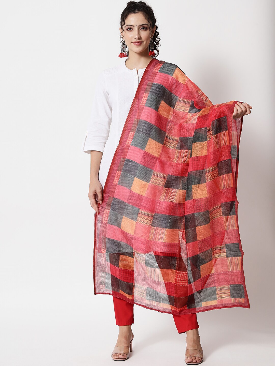 

Spera Checked Cotton Blend Dupatta, Peach