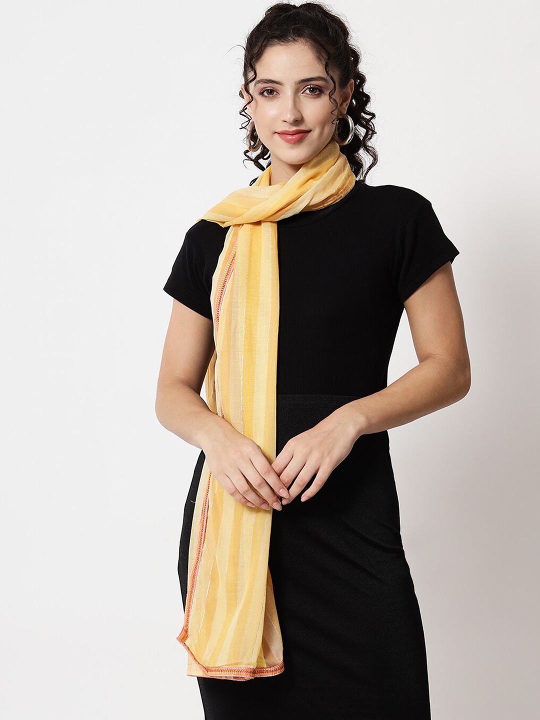 

Spera Striped Foil Print Dupatta with Kantha Work, Mustard