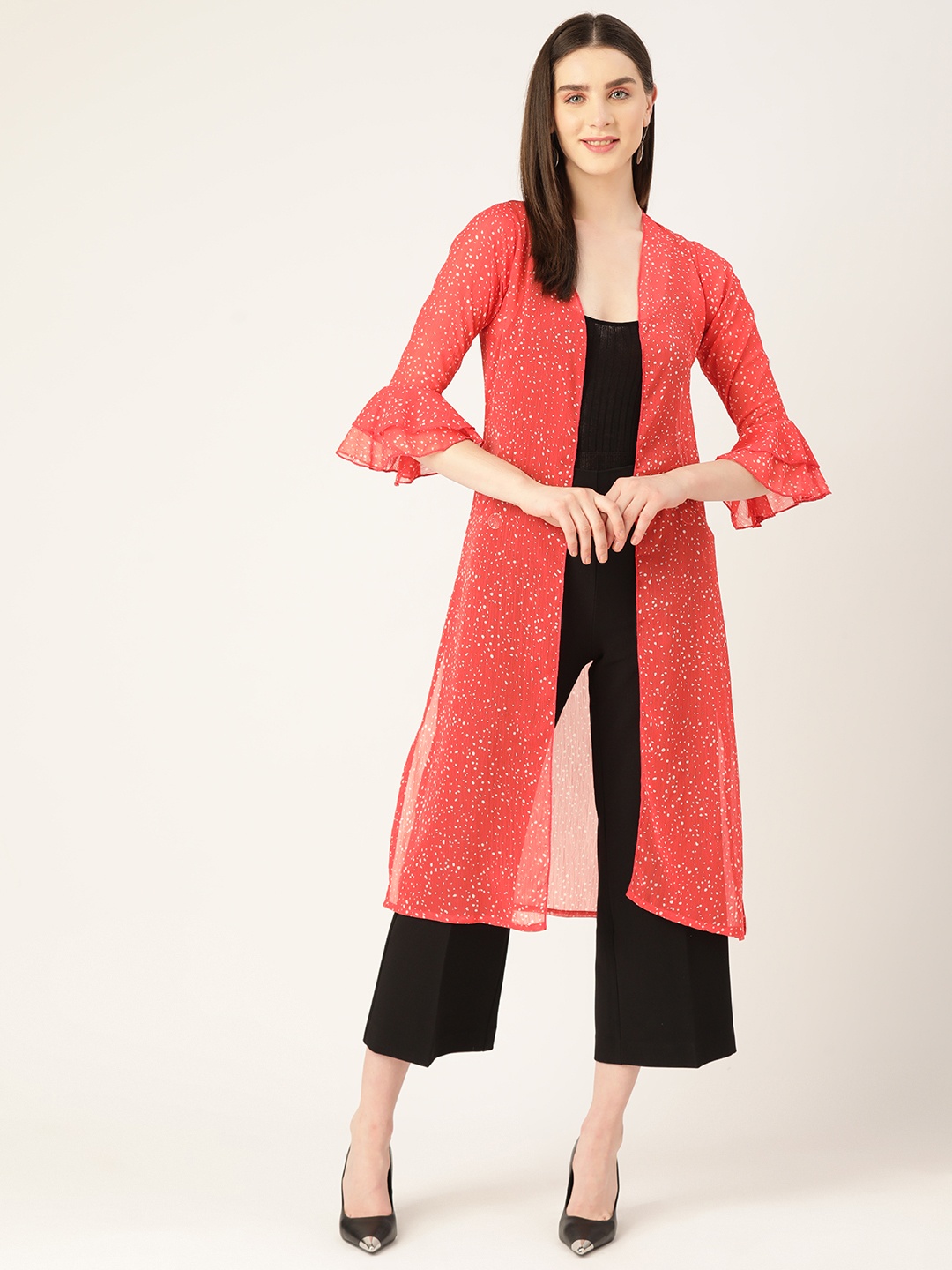 

WISSTLER Printed Bell Sleeves Open Front Longline Shrug, Red