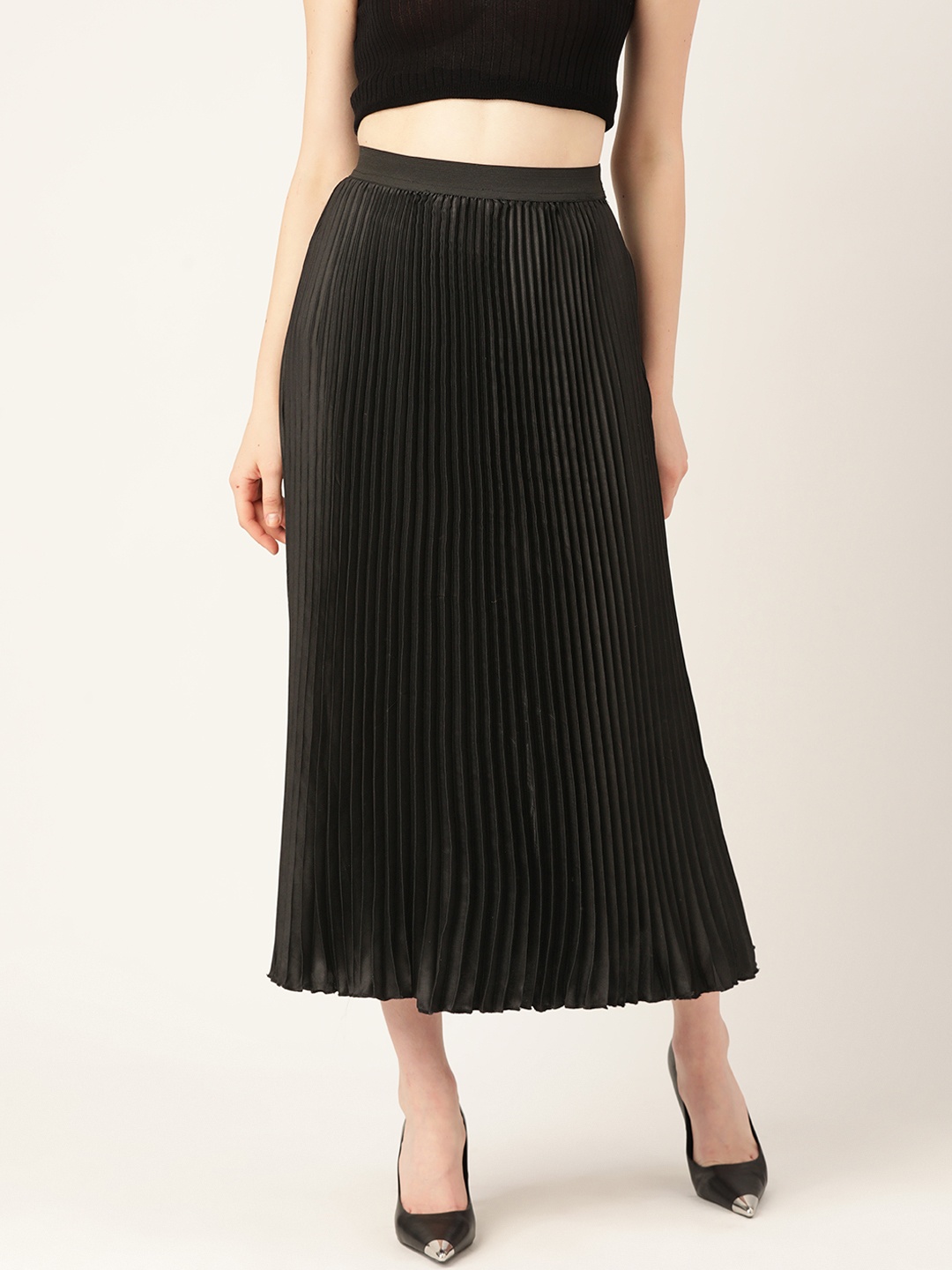

WISSTLER Accordion Pleated Flared Satin Maxi Skirt, Black