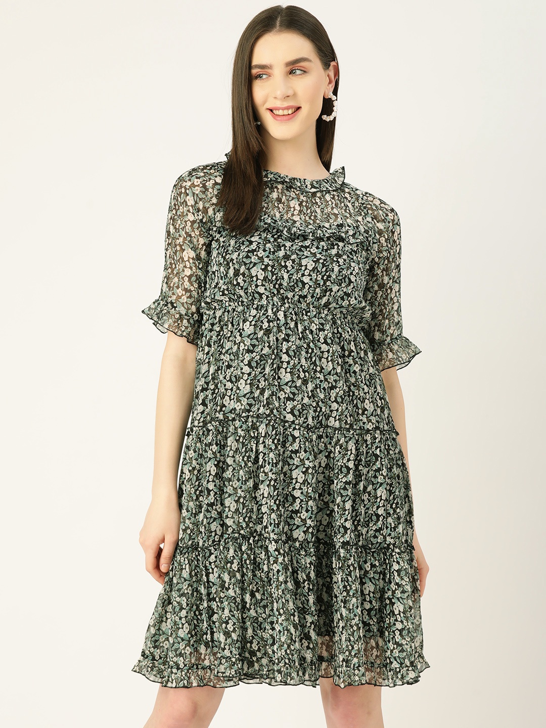 

WISSTLER Floral Print Bell Sleeves Chiffon Dress, Green