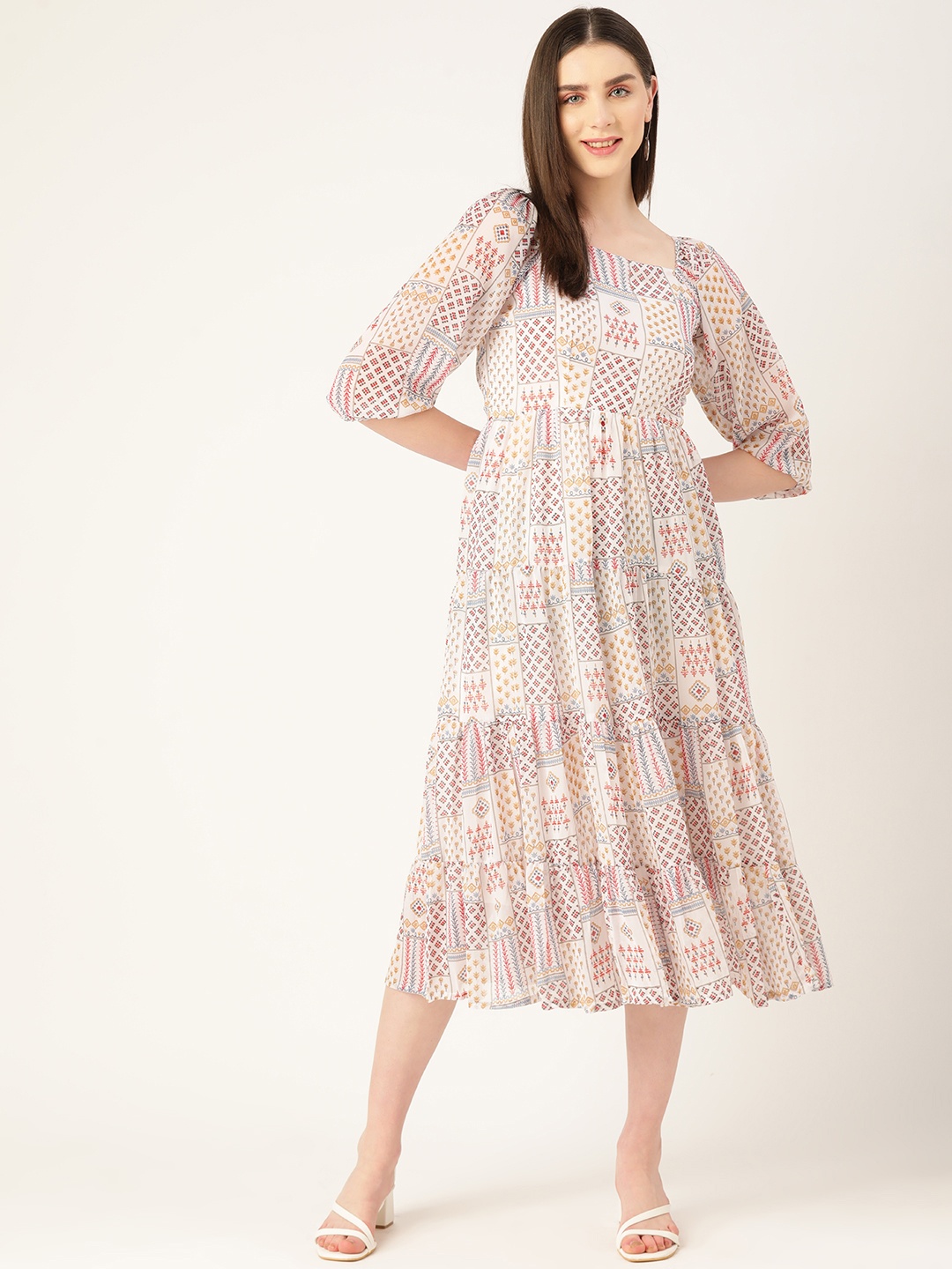 

WISSTLER Ethnic Motifs Puff Sleeves Georgette Midi Dress, White