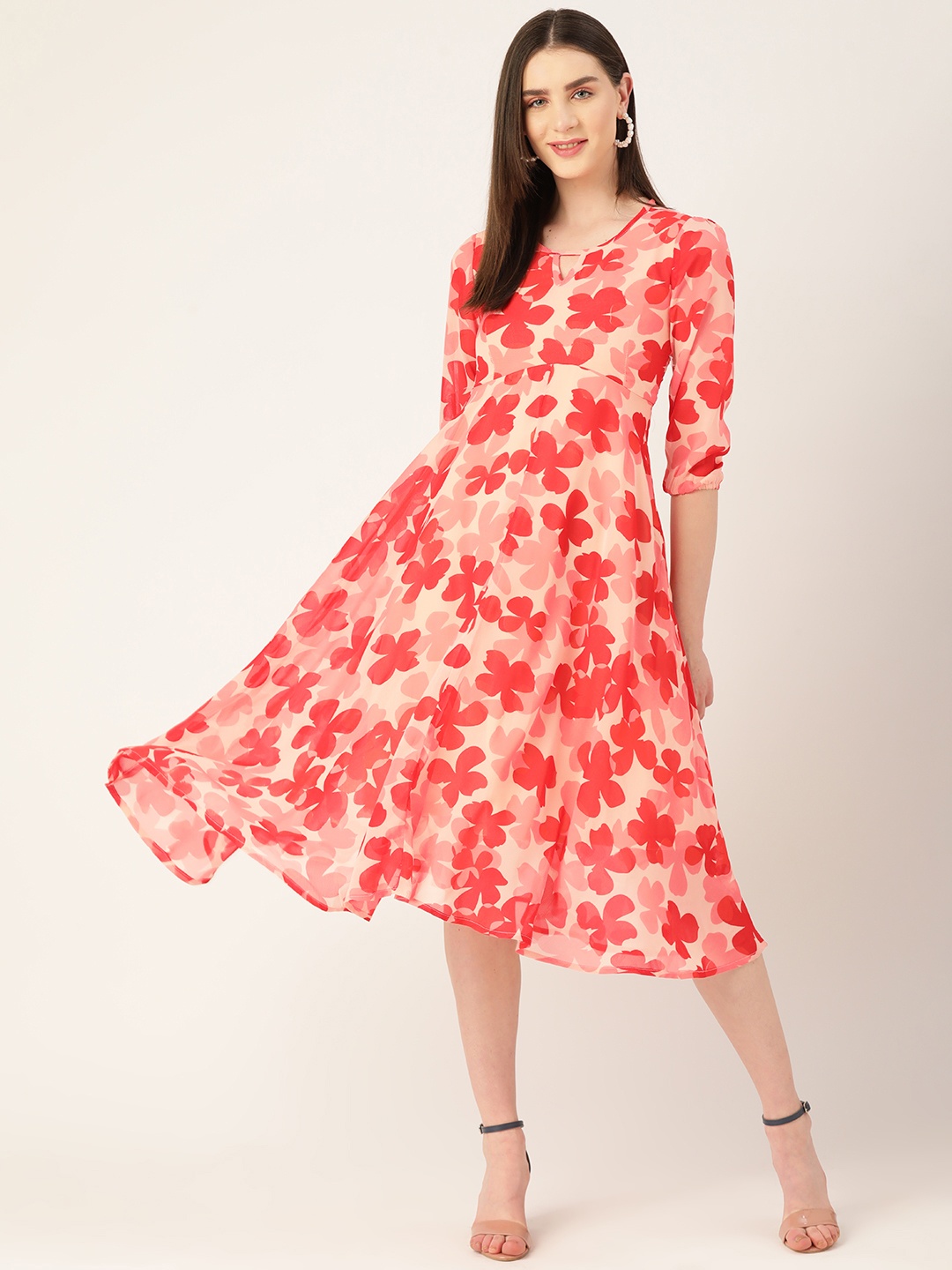 

WISSTLER Floral Keyhole Neck Georgette Midi Dress, Peach