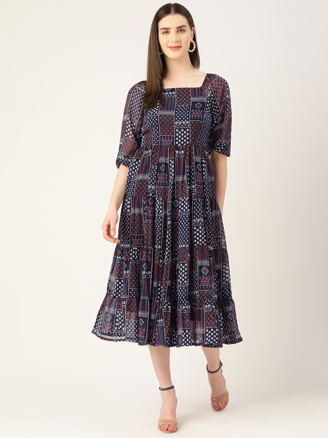

WISSTLER Ethnic Motifs Puff Sleeves Georgette Midi Dress, Navy blue
