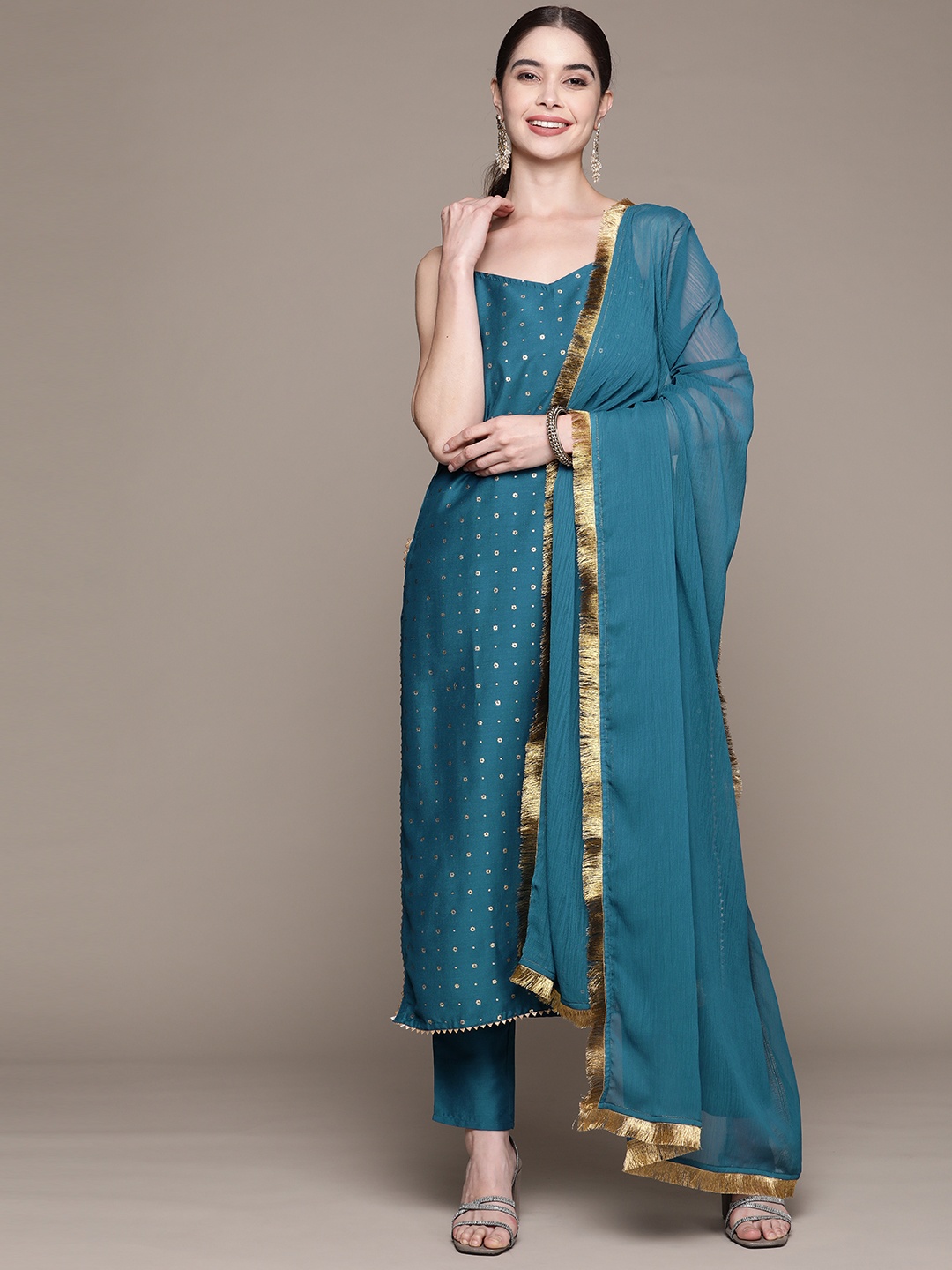 

ZIYAA Ethnic Motifs Printed Kurta With Trousers & Dupatta, Teal