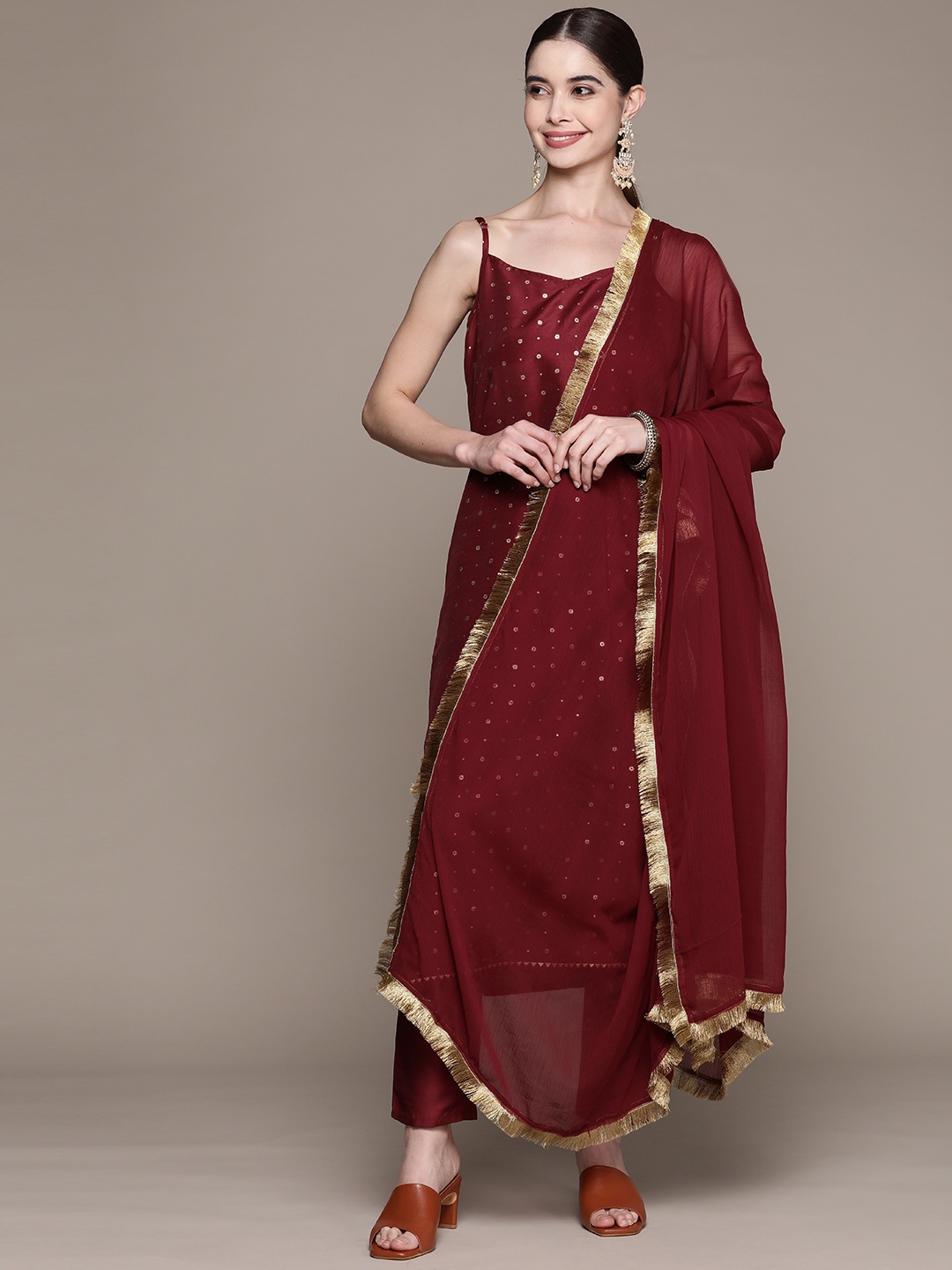 

ZIYAA Ethnic Motifs Printed Kurta With Trousers & Dupatta, Maroon