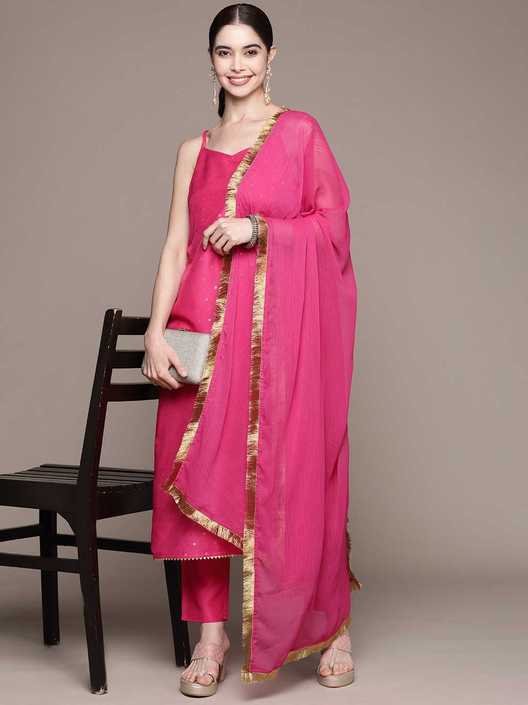 

ZIYAA Ethnic Motifs Printed Kurta With Trousers & Dupatta, Pink