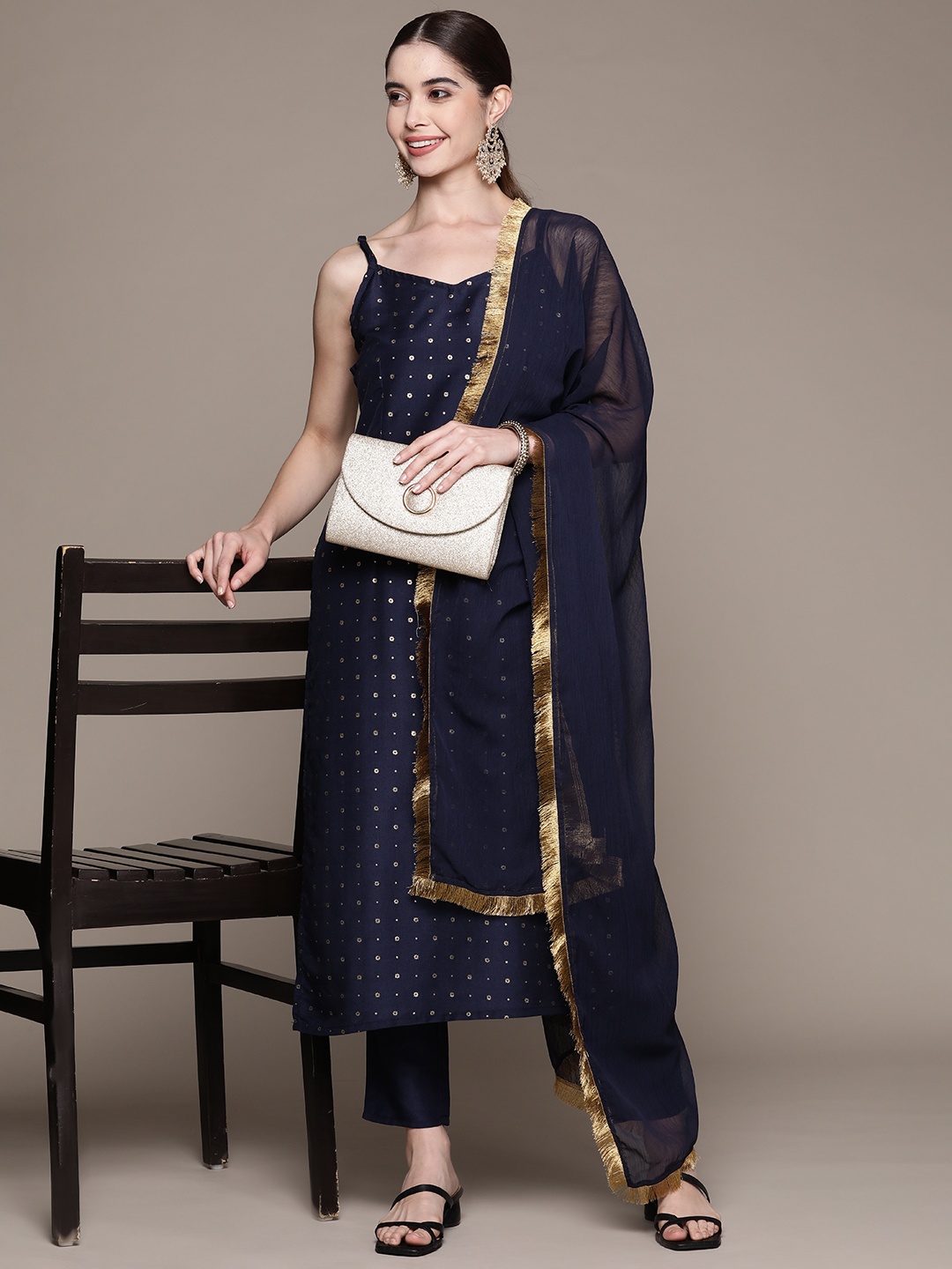 

ZIYAA Ethnic Motifs Printed Kurta With Trousers & Dupatta, Navy blue