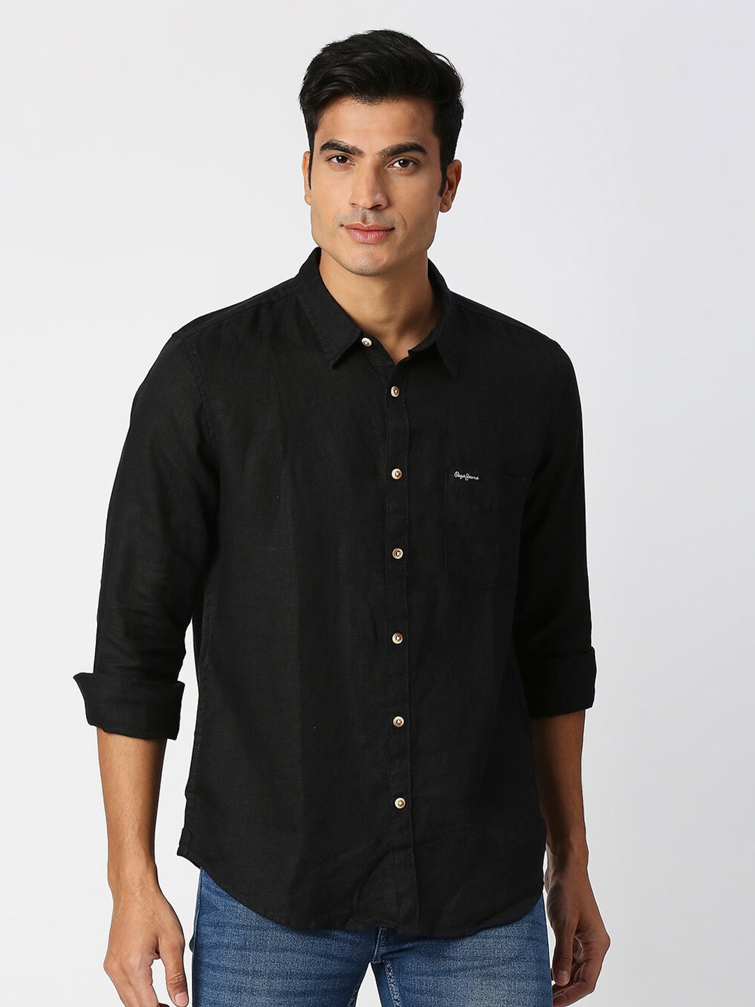 

Pepe Jeans Spread Collar Relaxed Linen Casual Shirt, Black