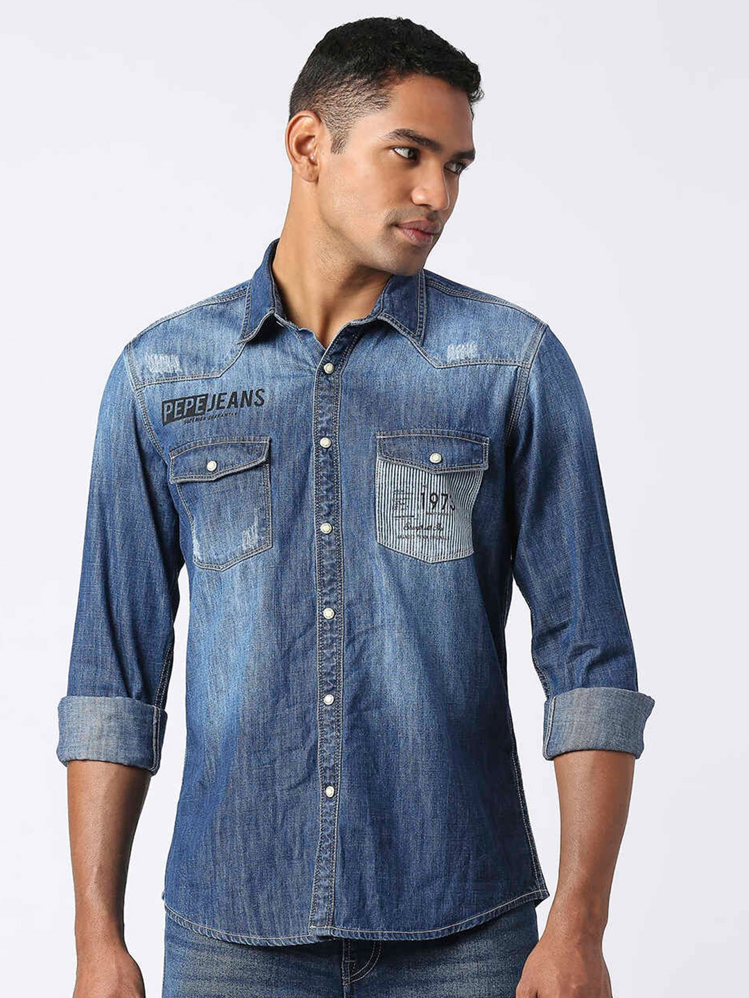 

Pepe Jeans Spread Collar Relaxed Faded Cotton Casual Shirt, Blue