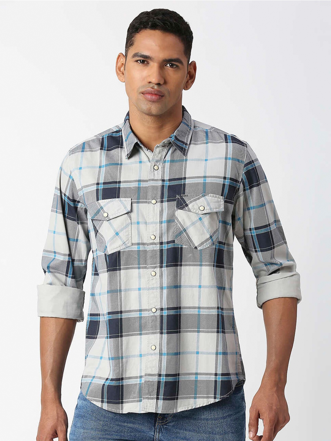

Pepe Jeans Relaxed Tartan Checks Checked Cotton Casual Shirt, Blue