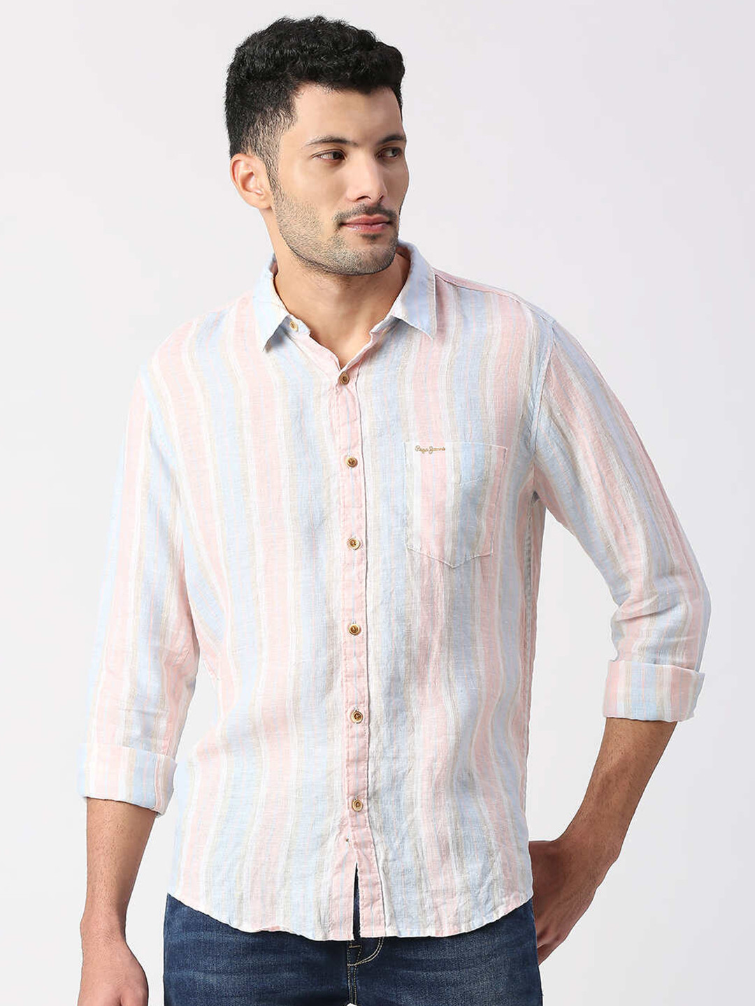 

Pepe Jeans Vertical Stripes Pure Linen Casual Shirt, Pink