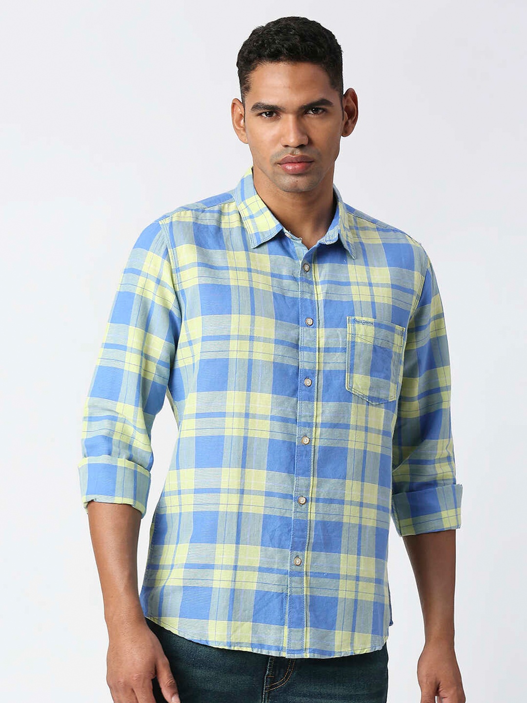 

Pepe Jeans Tartan Checked Relaxed Casual Cotton Linen Shirt, Blue