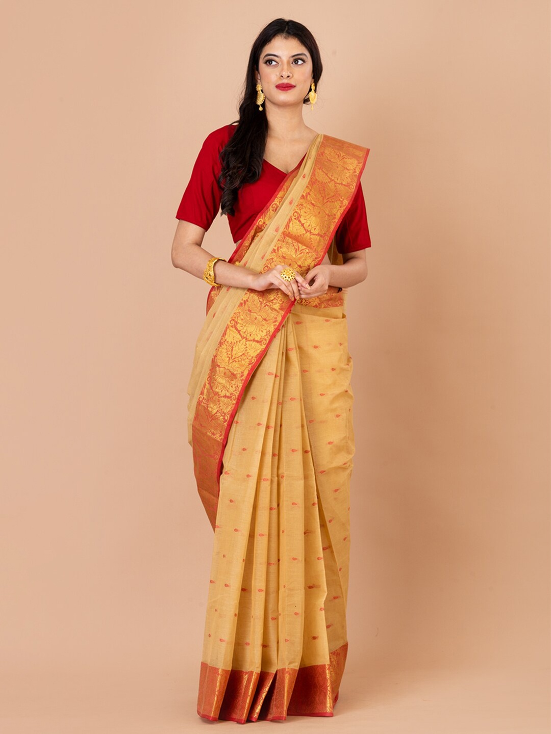 

Laa Calcutta Woven Design Zari Pure Cotton Taant Saree, Beige