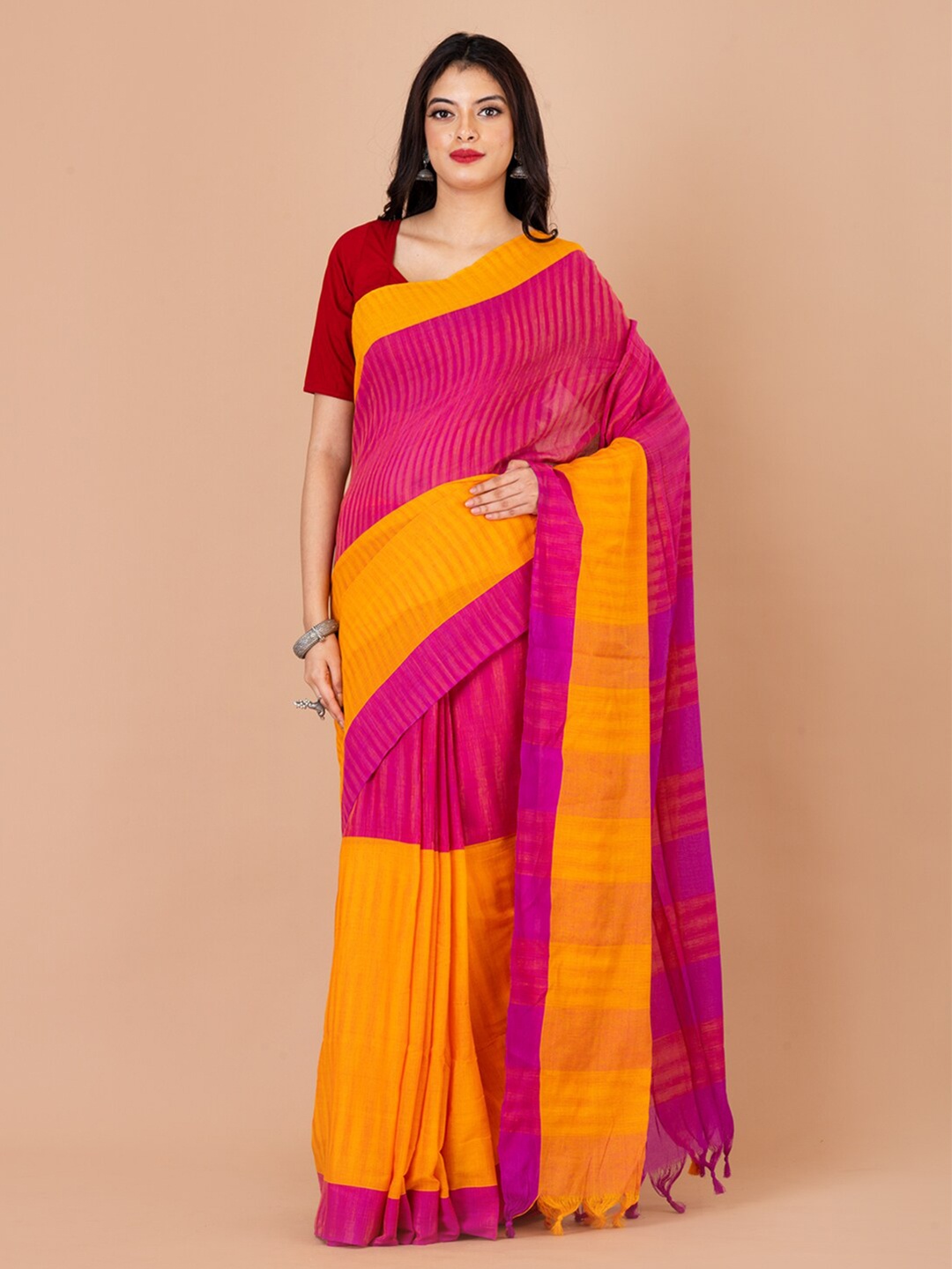 

Laa Calcutta Striped Woven Design Pure Cotton Saree, Yellow