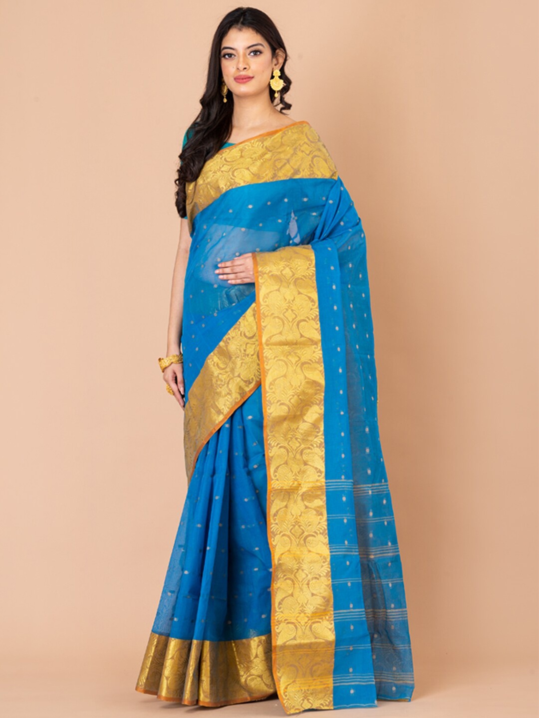

Laa Calcutta Woven Design Zari Pure Cotton Taant Saree, Blue