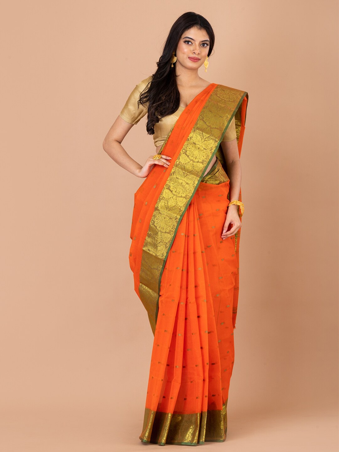 

Laa Calcutta Woven Design Zari Pure Cotton Taant Saree, Orange