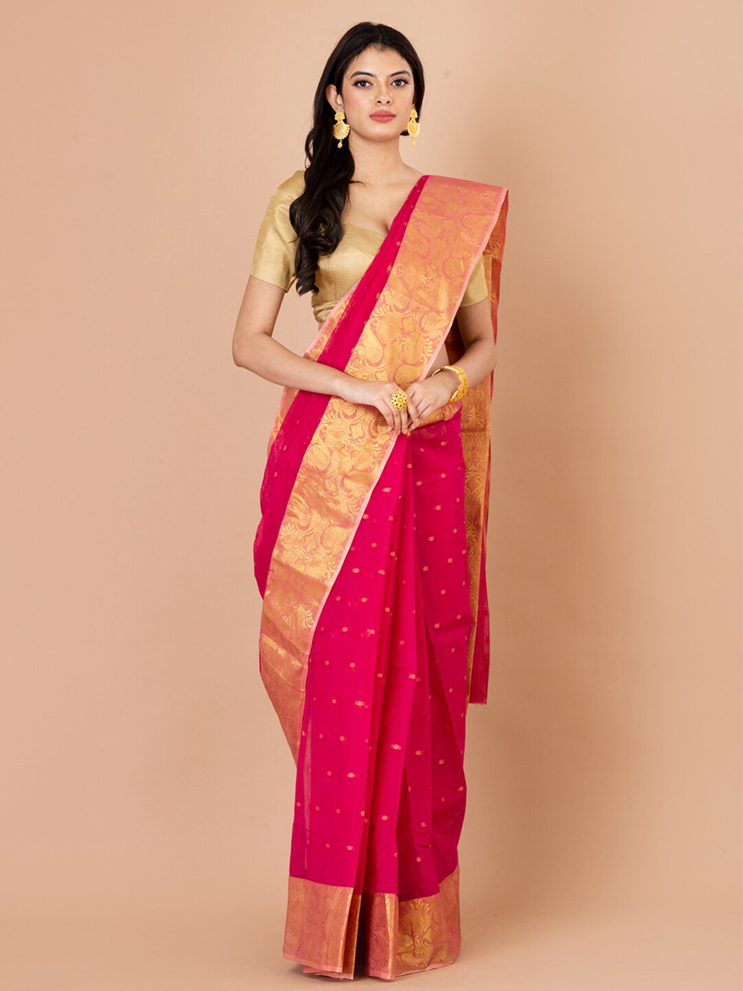 

Laa Calcutta Woven Design Zari Pure Cotton Taant Saree, Pink