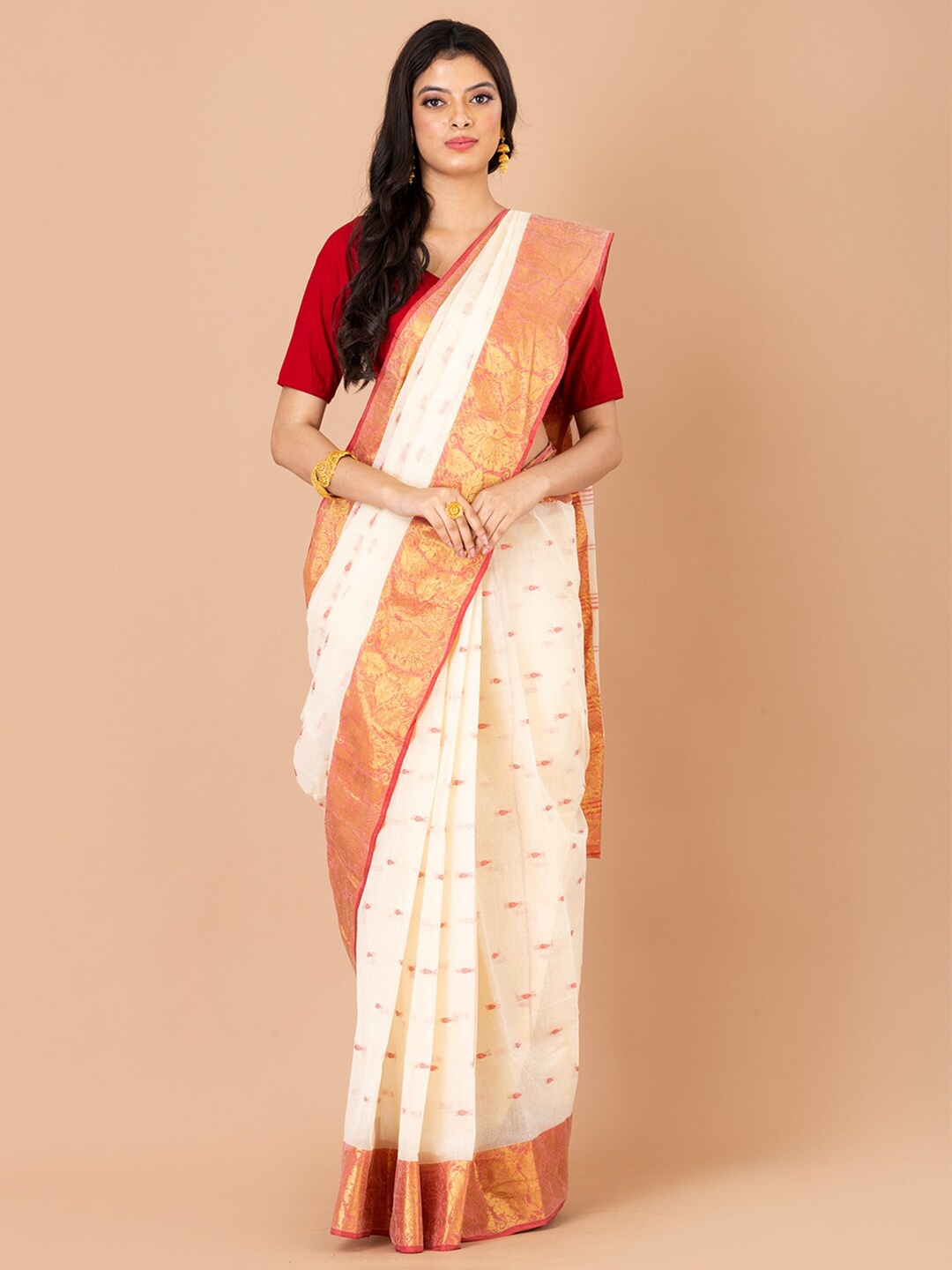 

Laa Calcutta Woven Design Zari Pure Cotton Taant Saree, White
