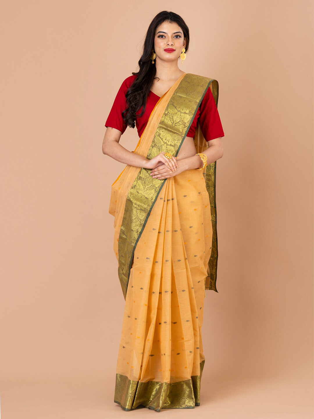 

Laa Calcutta Geometric Woven Design Zari Pure Cotton Taant Saree, Beige