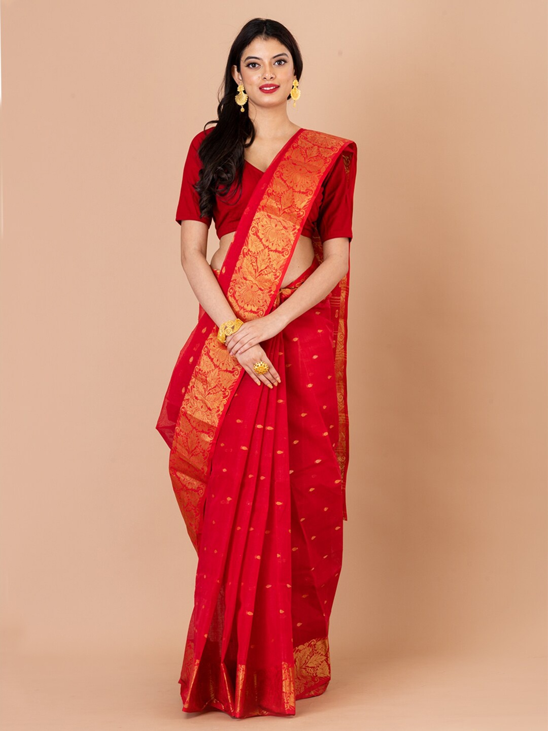 

Laa Calcutta Ethnic Woven Design Zari Tant Pure Cotton Saree, Red