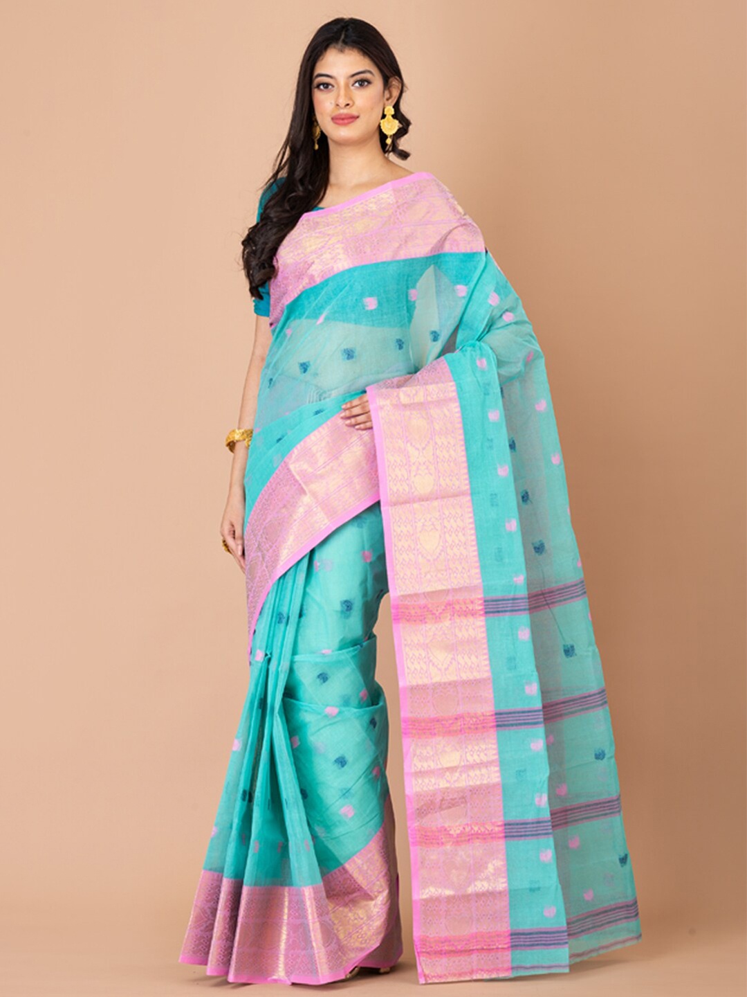 

Laa Calcutta Ethnic Woven Design Zari Taant Pure Cotton Saree, Sea green