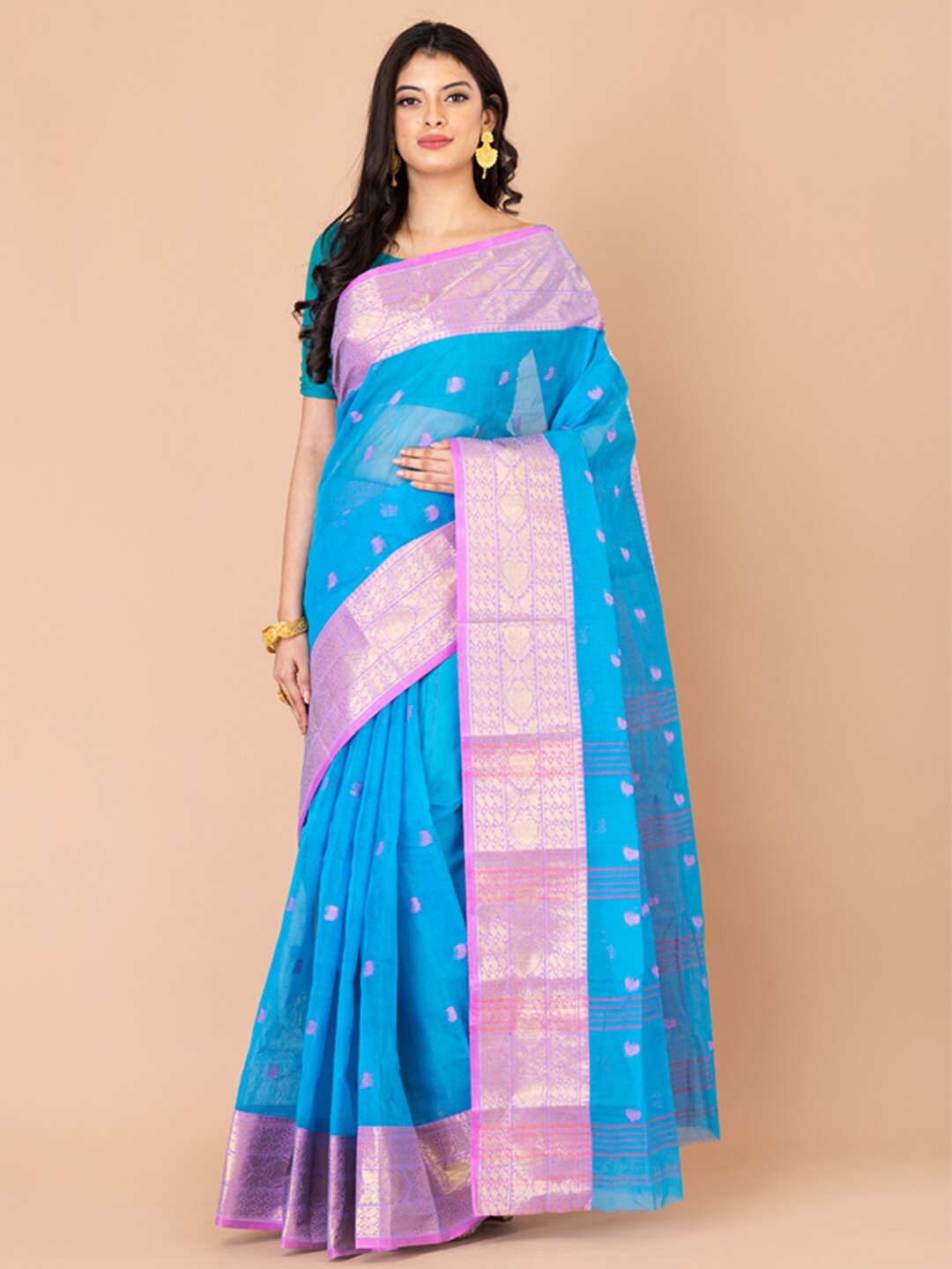 

Laa Calcutta Ethnic Woven Design Zari Pure Cotton Taant Saree, Blue