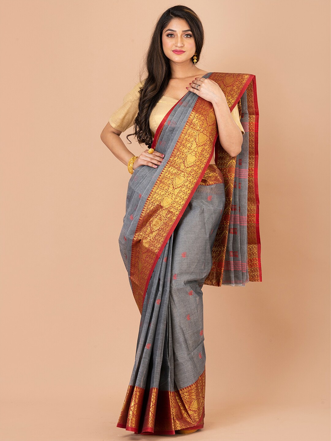 

Laa Calcutta Ethnic Woven Design Zari Pure Cotton Taant Saree, Grey