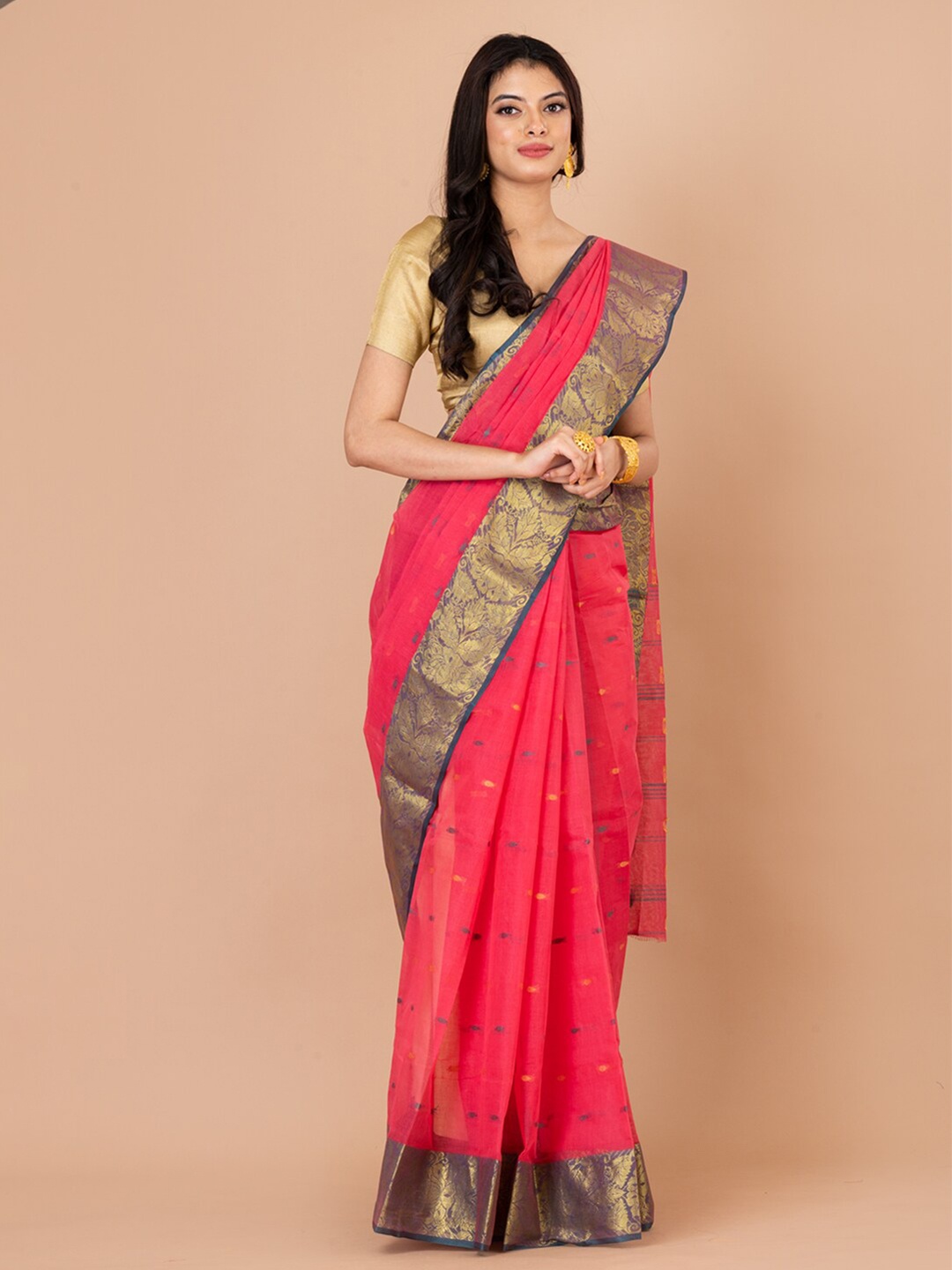 

Laa Calcutta Ethnic Woven Design Zari Pure Cotton Taant Saree, Pink