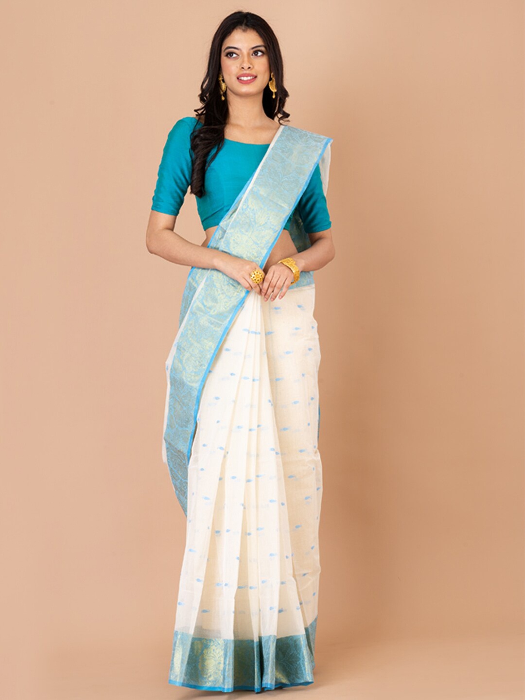 

Laa Calcutta Woven Design Zari Pure Cotton Taant Saree, White