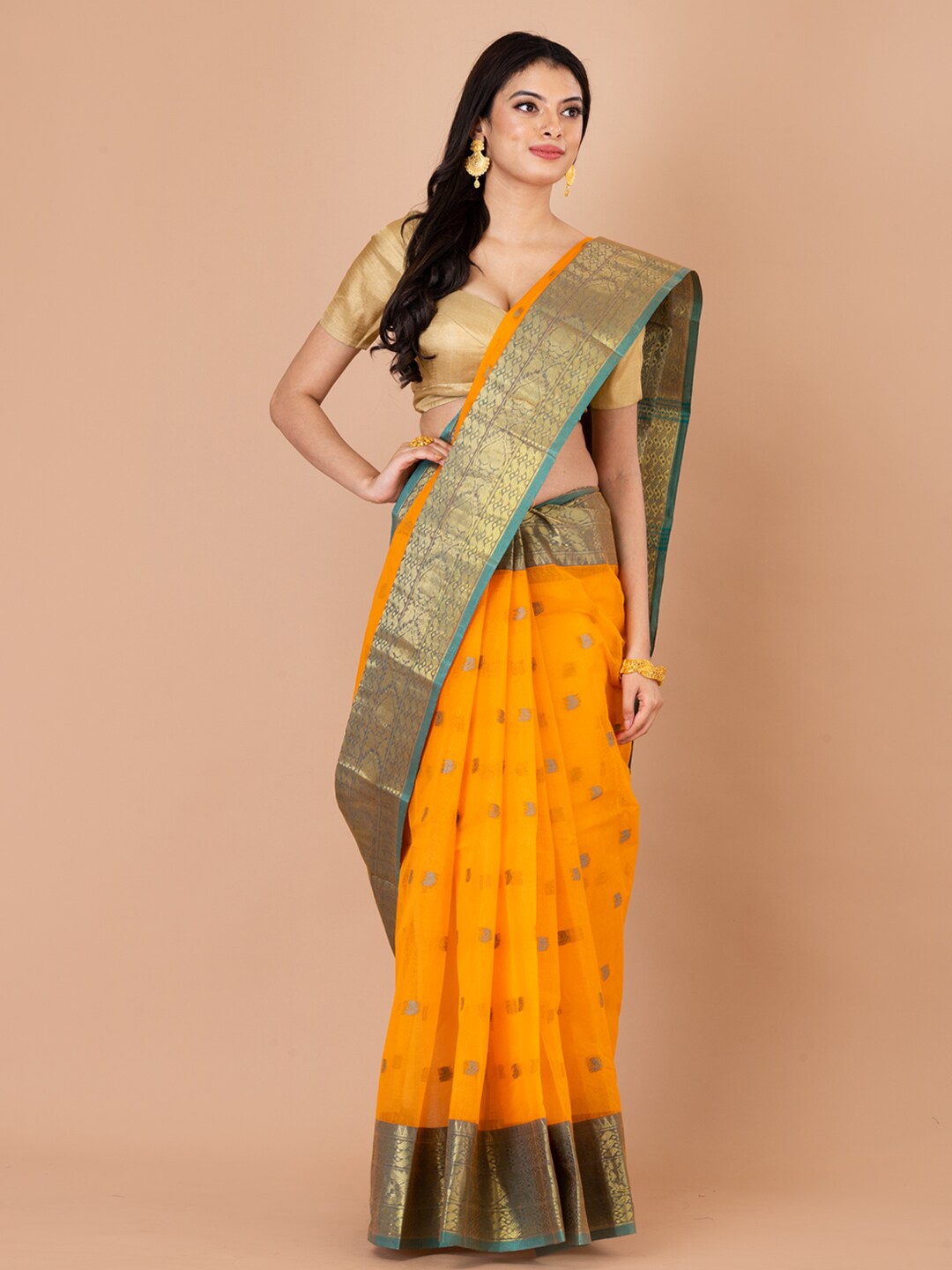 

Laa Calcutta Woven Design Zari Pure Cotton Taant Saree, Orange