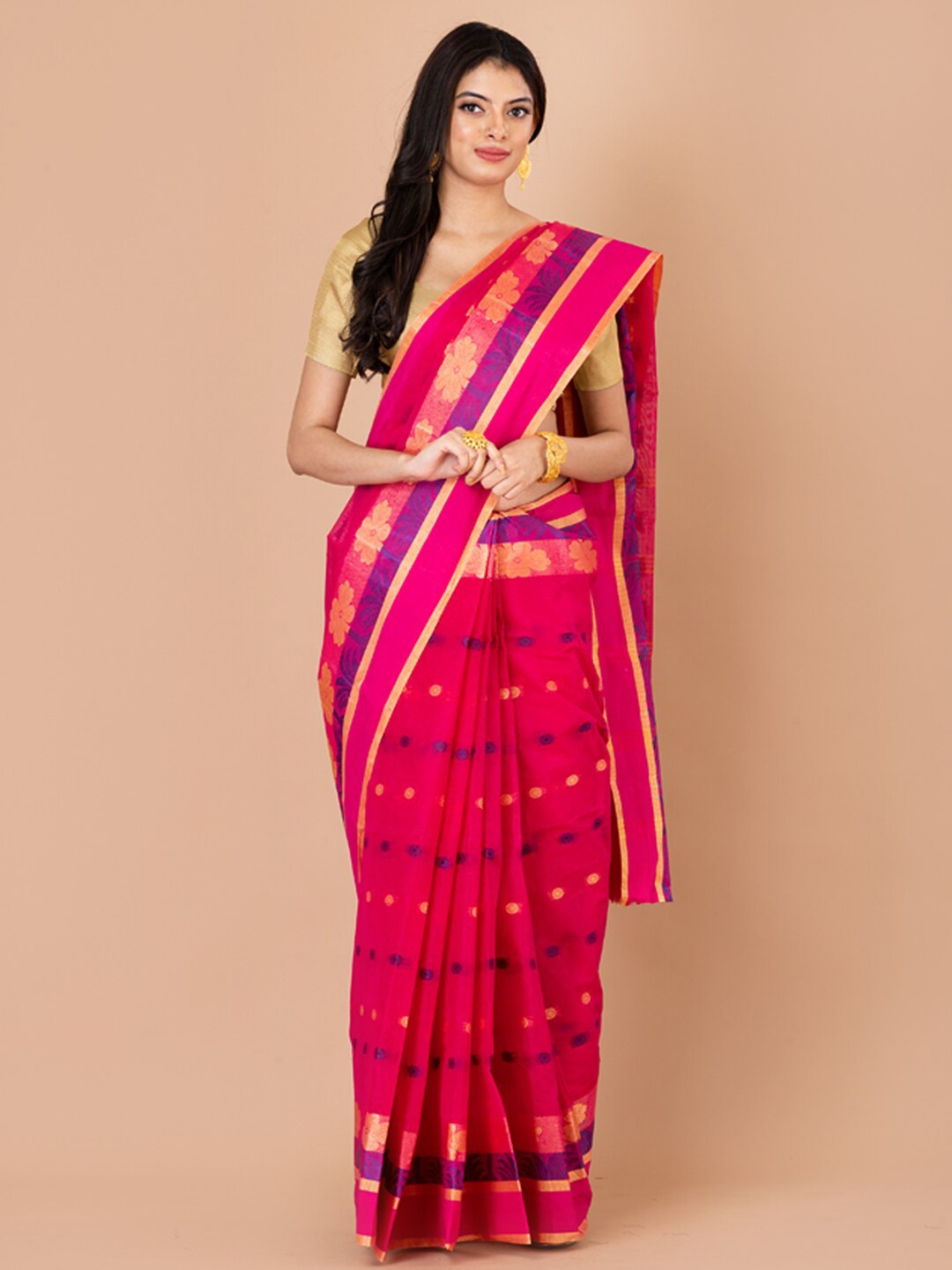 

Laa Calcutta Floral Woven Design Zari Pure Cotton Taant Saree, Pink