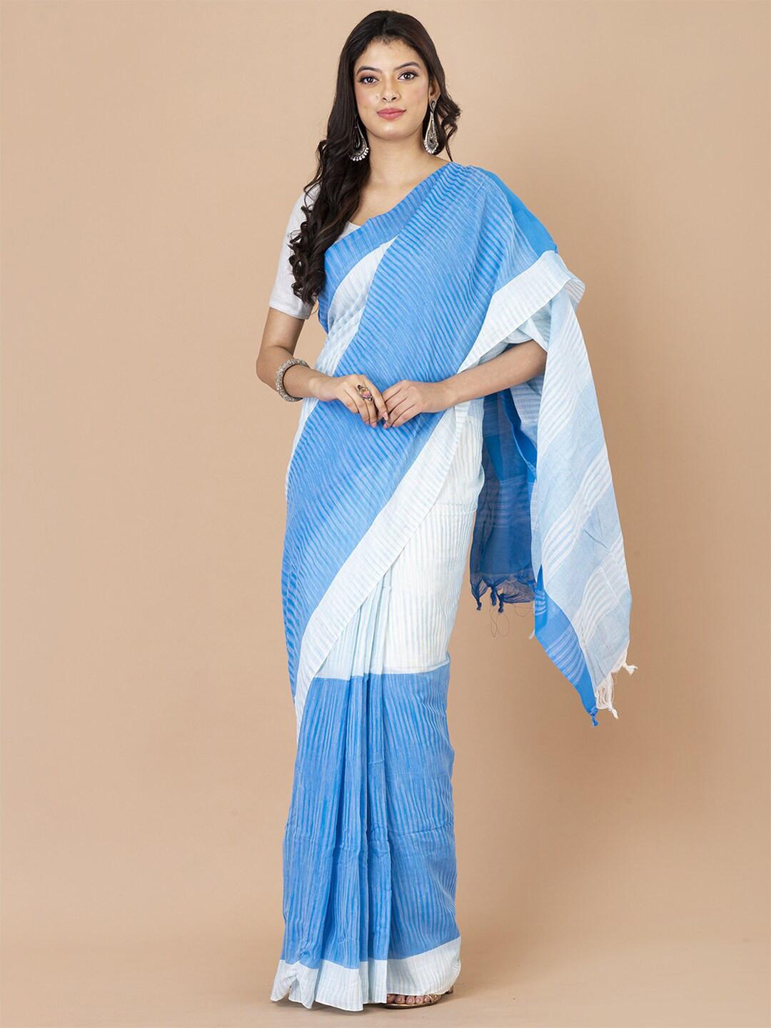 

Laa Calcutta Striped Pure Cotton Saree, Blue