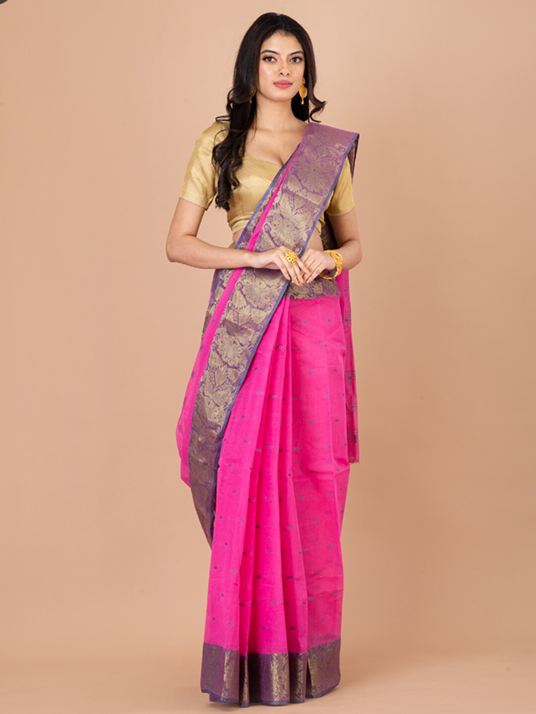 

Laa Calcutta Woven Design Zari Pure Cotton Taant Saree, Pink