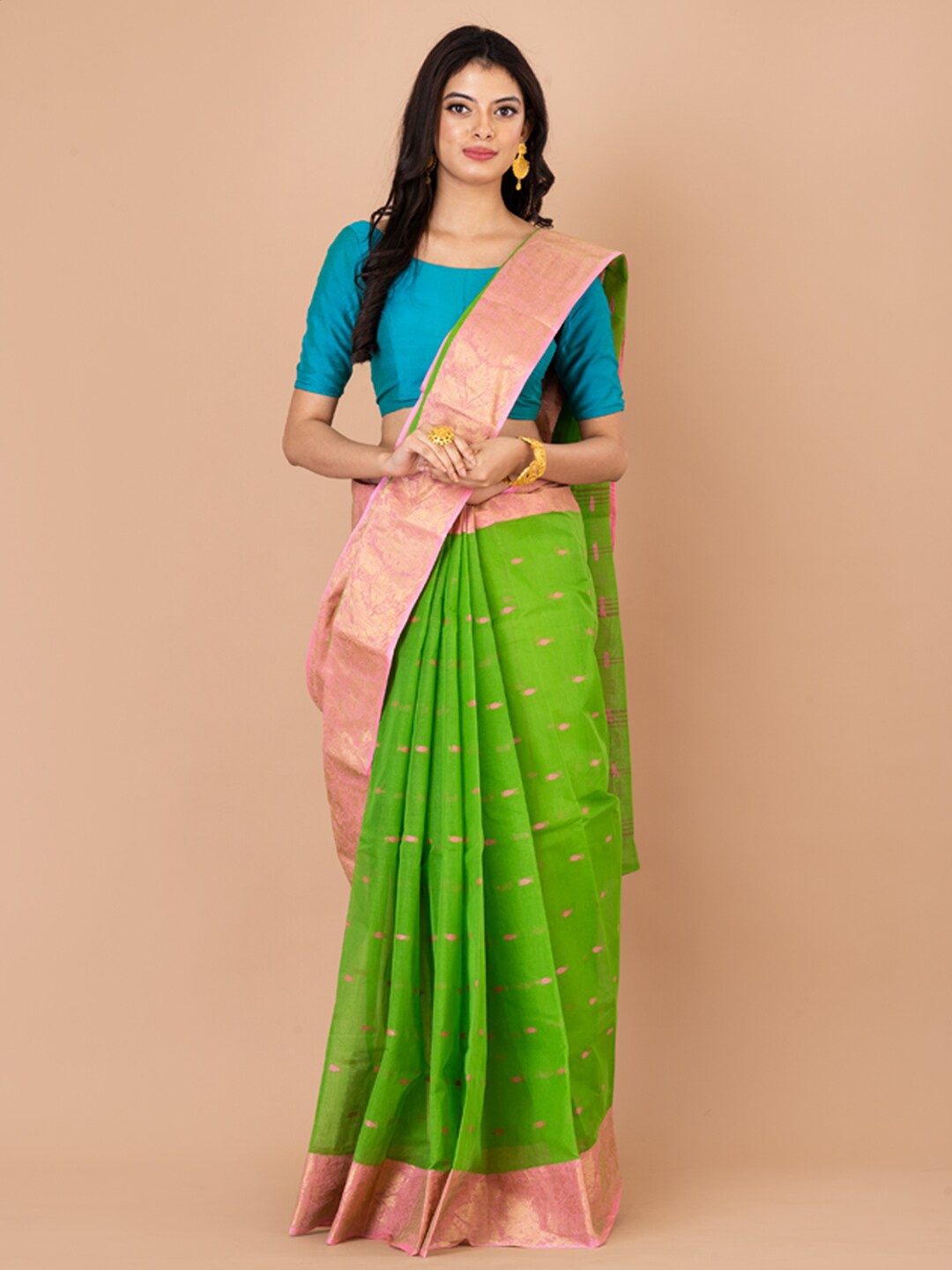 

Laa Calcutta Ethnic Motifs Woven Design Zari Pure Cotton Taant Saree, Green