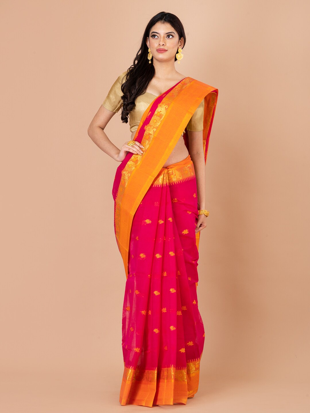 

Laa Calcutta Ethnic Motifs Woven Design Zari Pure Cotton Taant Saree, Pink
