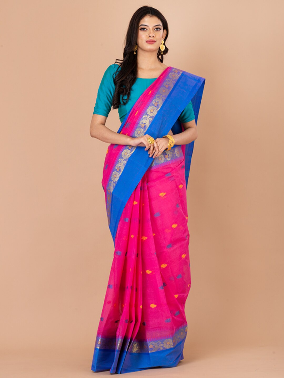 

Laa Calcutta Ethnic Motifs Woven Design Zari Pure Cotton Taant Saree, Pink