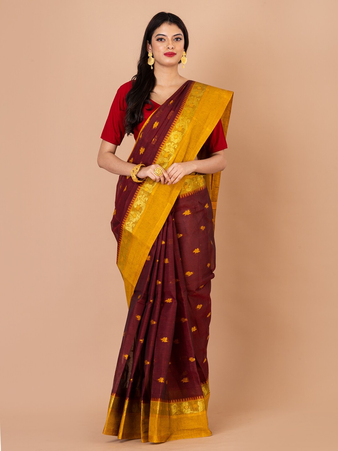 

Laa Calcutta Ethnic Motifs Woven Design Zari Pure Cotton Taant Saree, Maroon