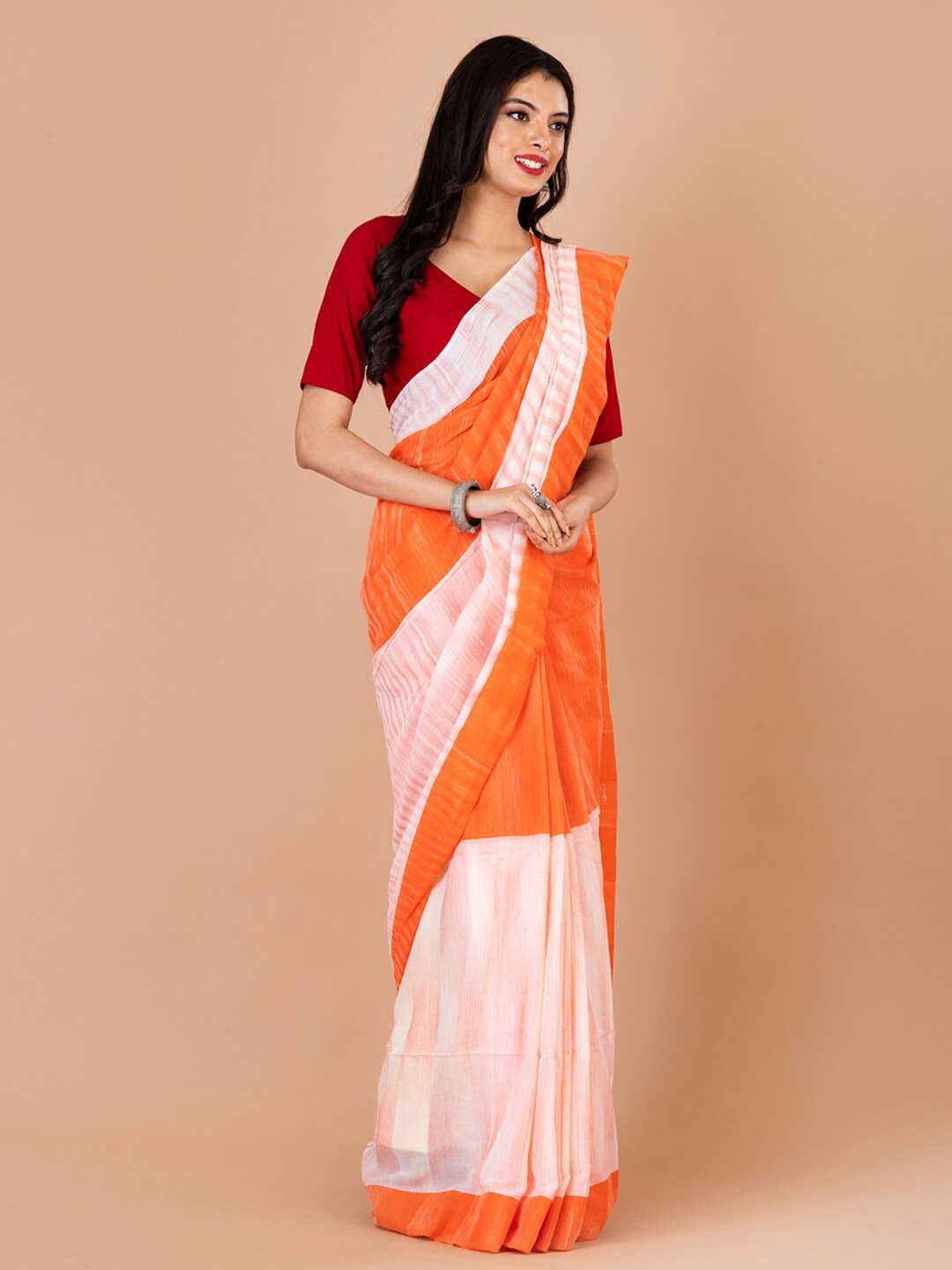 

Laa Calcutta Striped Pure Cotton Saree, Orange