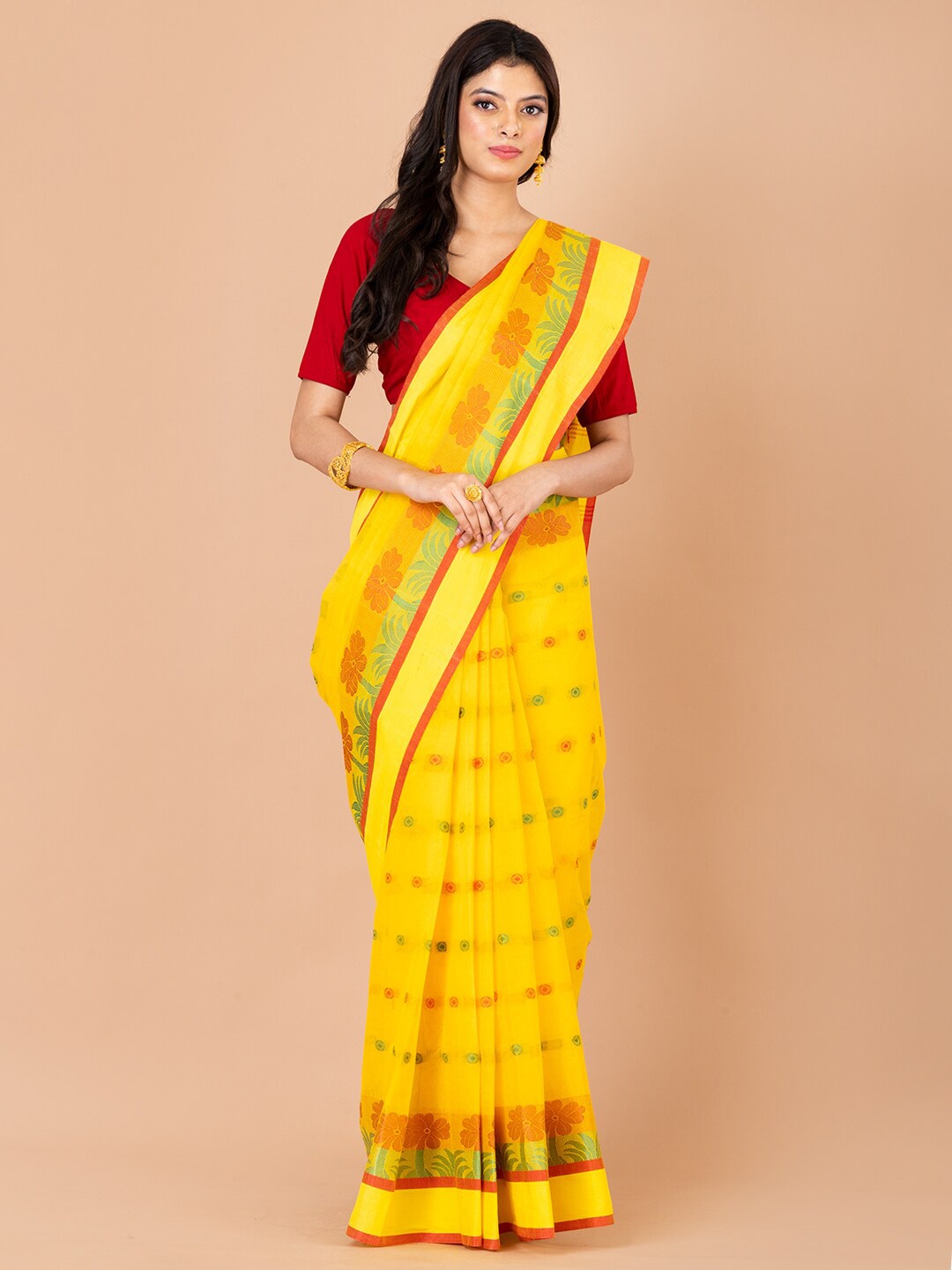 

Laa Calcutta Ethnic Motifs Woven Design Pure Cotton Taant Saree, Yellow