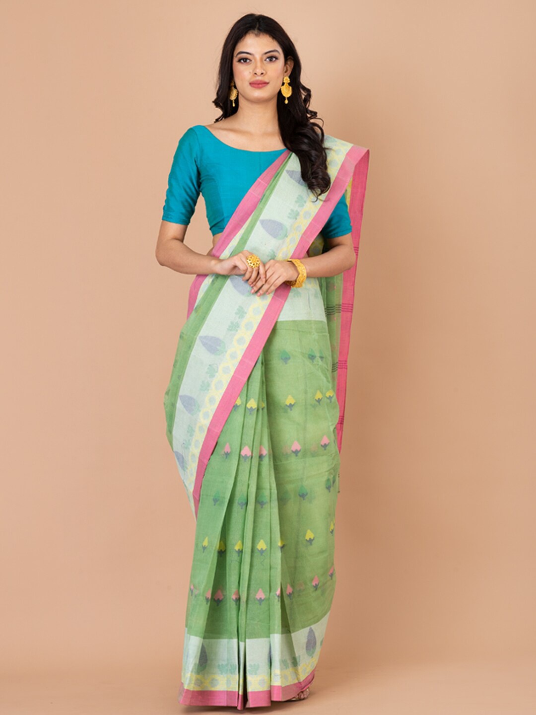 

Laa Calcutta Floral Woven Design Pure Cotton Taant Saree, Green